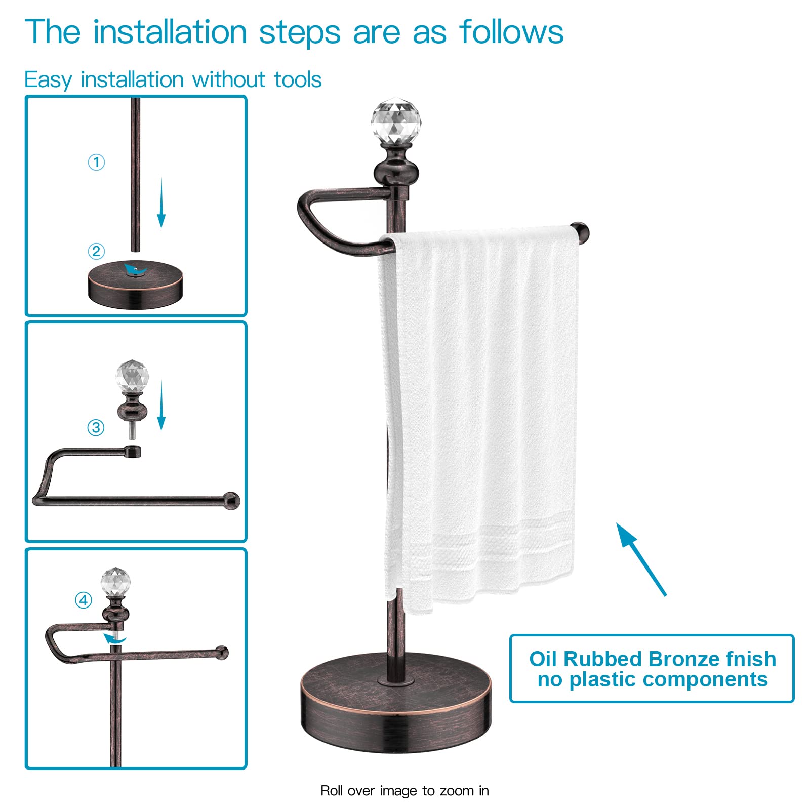 ROLABAM Heavy Weighted Hand Towel Holder(with Crystal Ball) Standing Hand Towel Holder Total Height 15.7'' for Kitchen Bathroom Vanity Classic Decorative Metal Hand Towel Stand Oil Rubbed Bronze