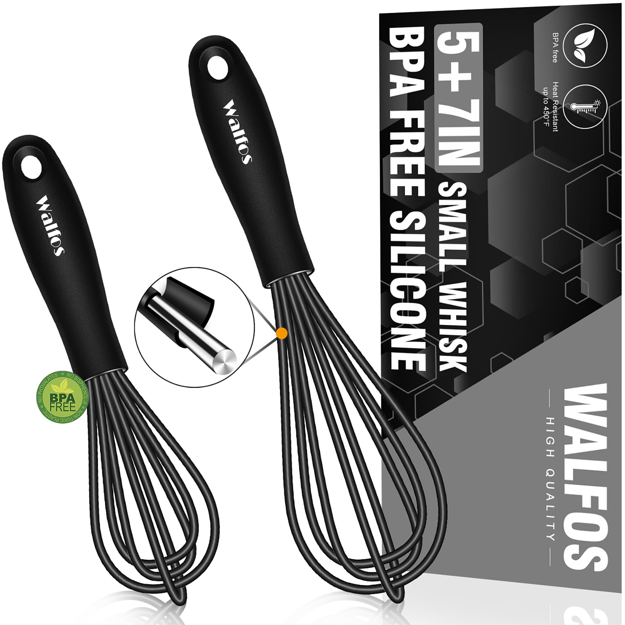 Walfos Whisk 5+7Inch Mini Whisk,Silicone Whisk Non Scratch Heat Resistant (480F). Nice For Stirring Individual Eggs And Mixing S