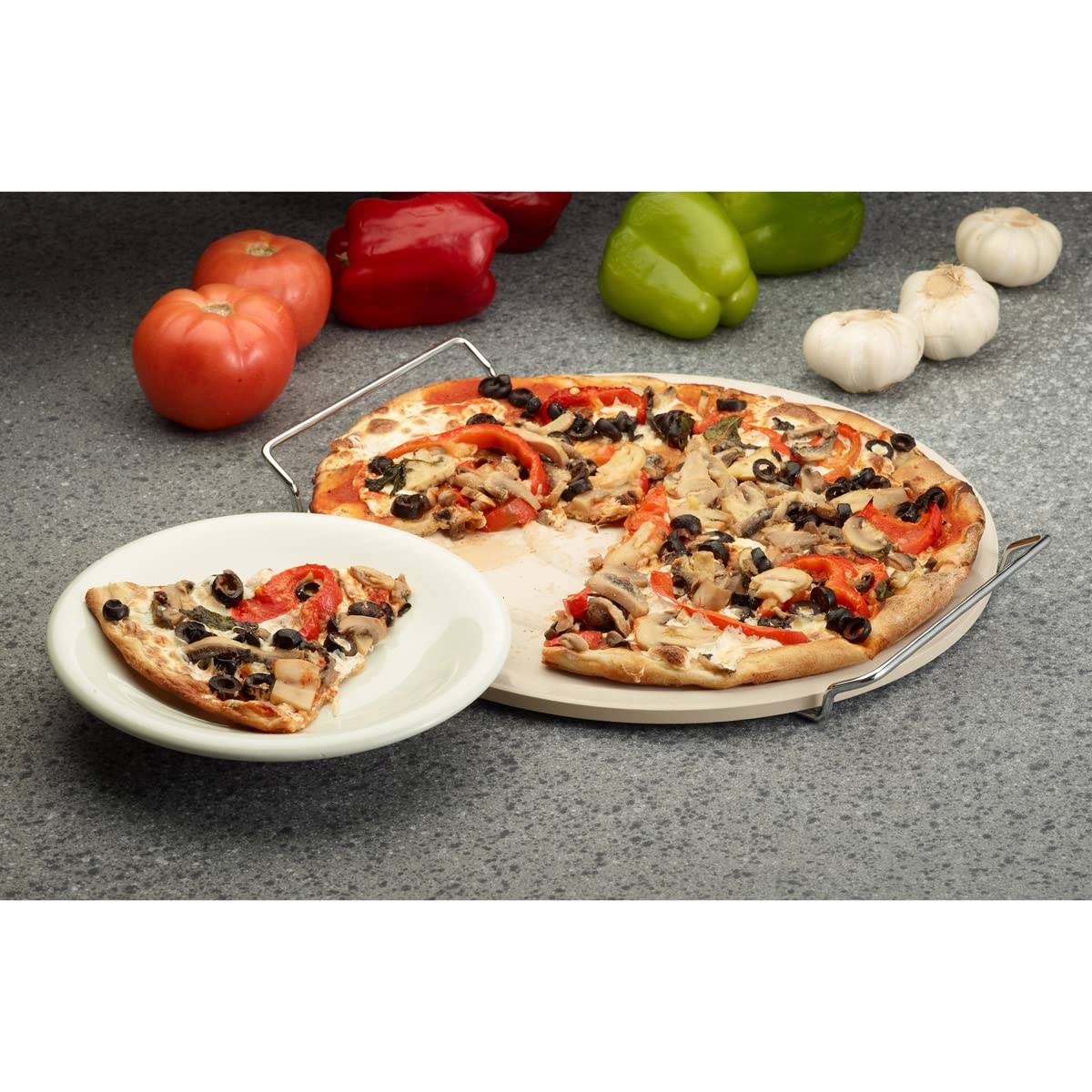 Fantes Pizza Baking Stone With Serving Rack, Natural Ceramic Stoneware, The Italian Market Original Since 1906