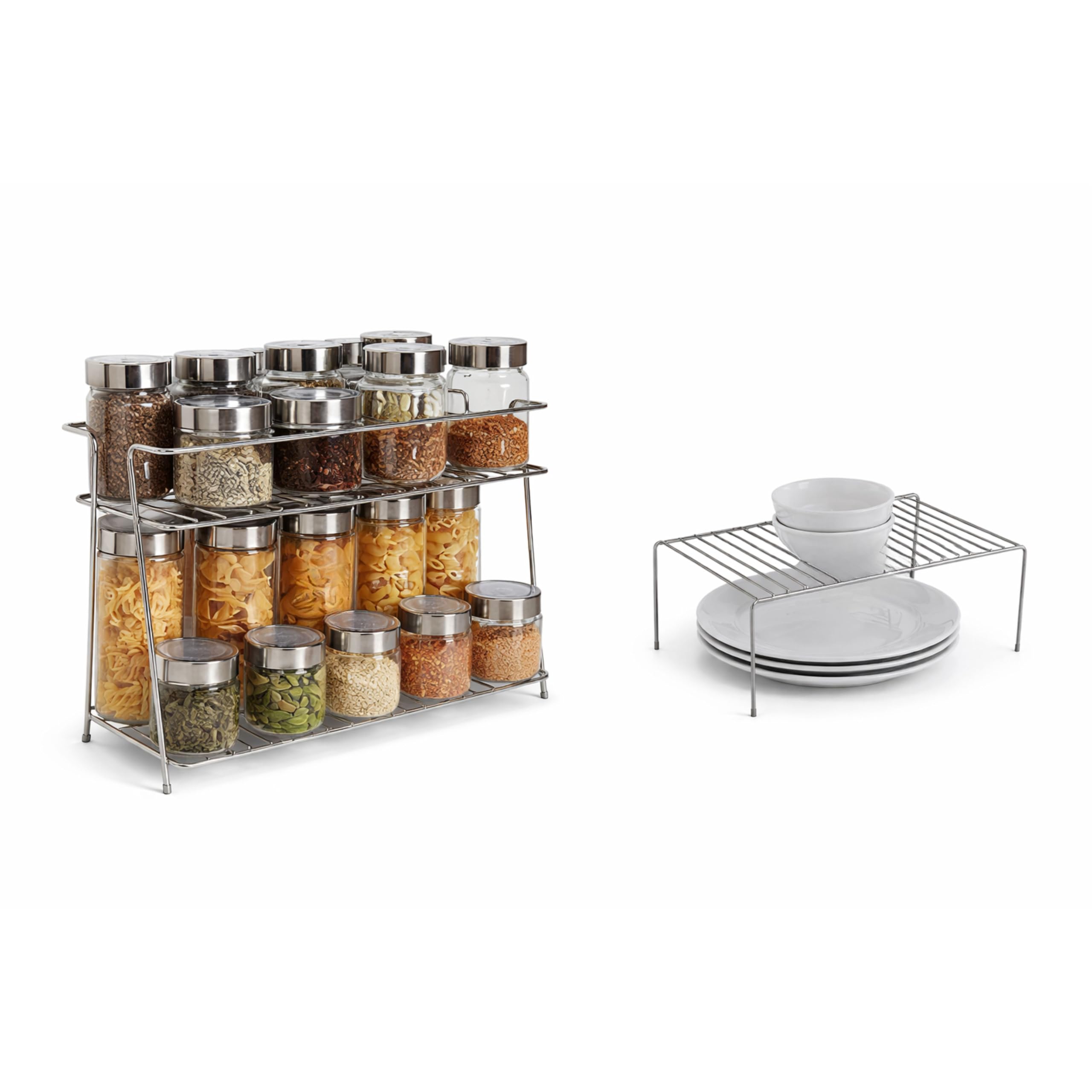 Kitchen Storage Rack Combo 2 Tier Multipurpose Spice Organizer With Jars Kitchen Shelf Stand For Plates Bowls Cabinets Pantry Co