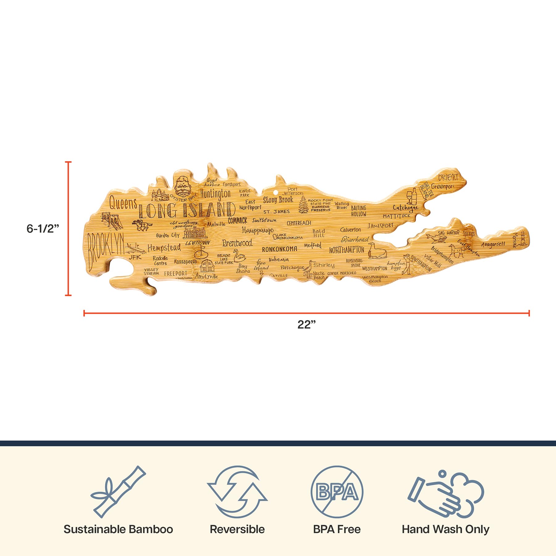 Totally Bamboo Destination Long Island Shaped Cutting Board, Charcuterie and Cheese Serving Board - Long Island Gift for Home D