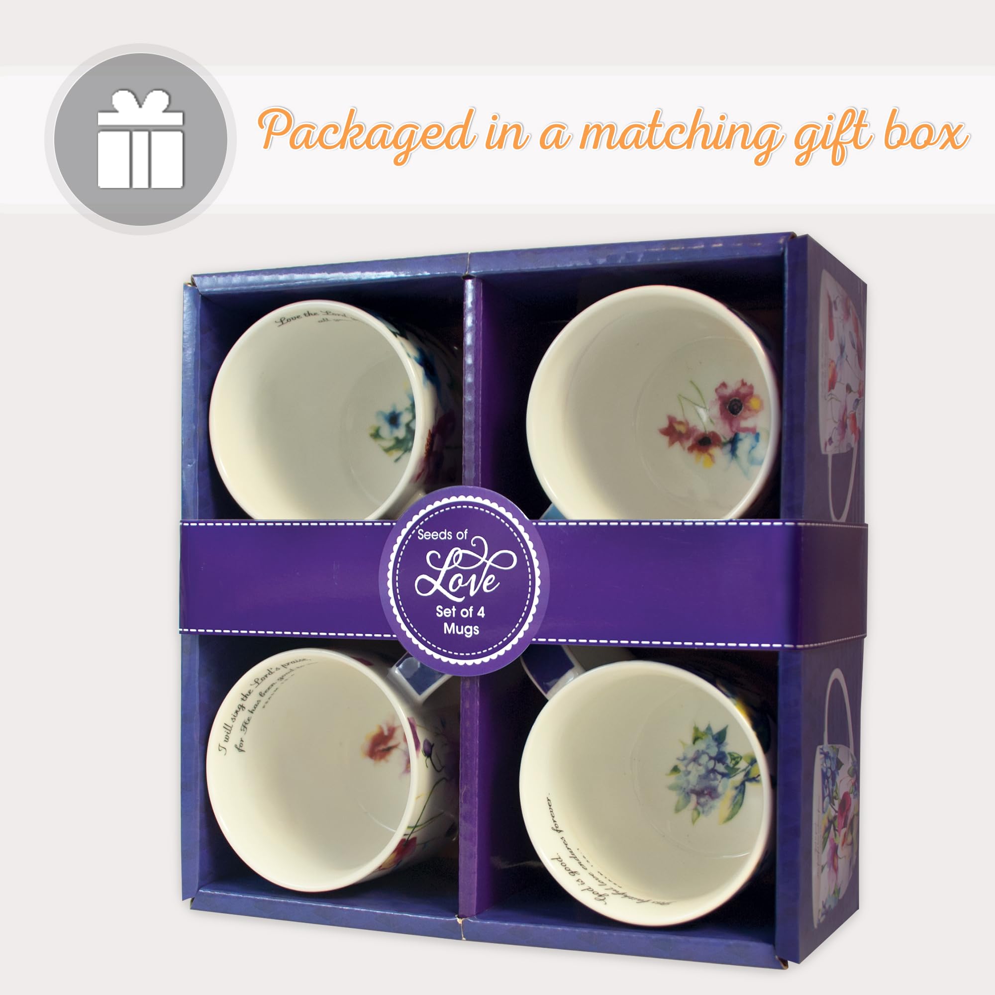 Christian Art Gifts Ceramic Coffee or Tea Mug Set for Women, Seeds of Love Garden Blooms Design Bible Verse Mug Set, Boxed Set o