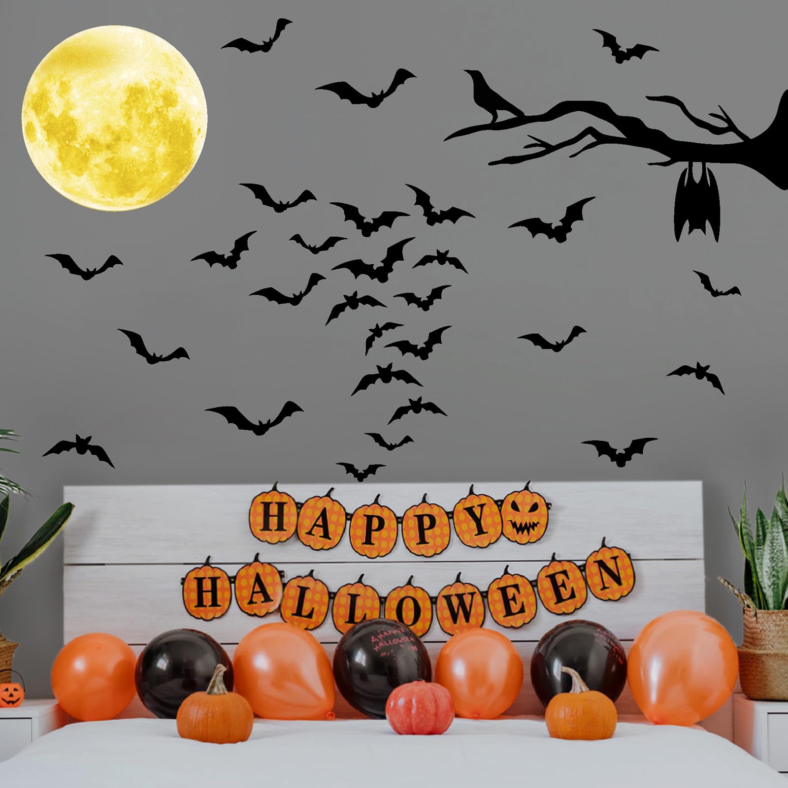 Halloween Moon Bat Wall Stickers Tree Branch Wall Decals Black Crow Vinyl Bat Wall Decals Peel And Stick Halloween Moon Wall Sti