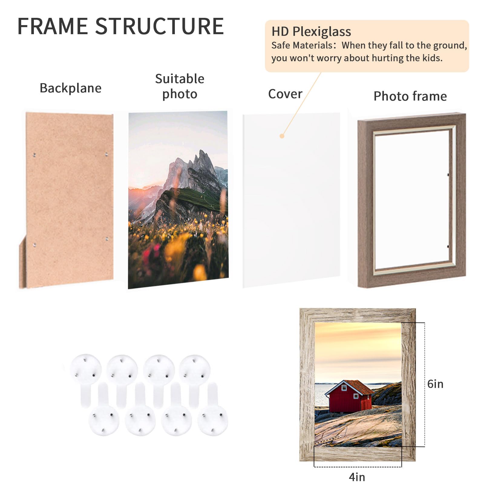 6x8 Picture Frames Set of 8, Rustic Picture Frames Multi Wood-Color,Vertical and Horizontal Formats for Wall Hanging and Tableto