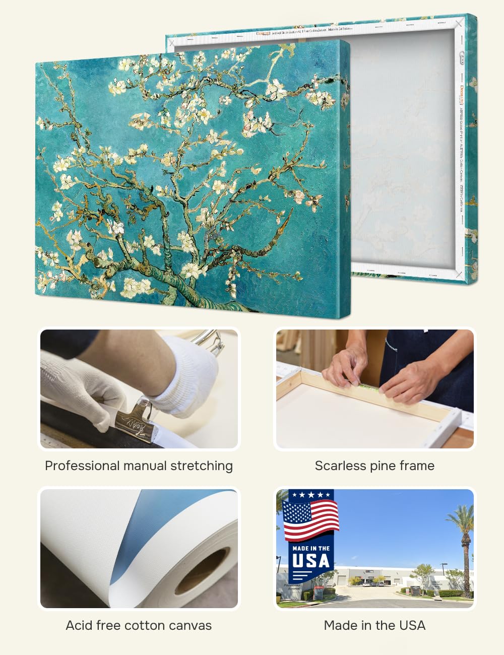 Decorarts - Almond Blossom Tree - Vincent Van Gogh Reproductions. Oversize Giclee Canvas Print Wall Art For Home Wall Decor. 40X