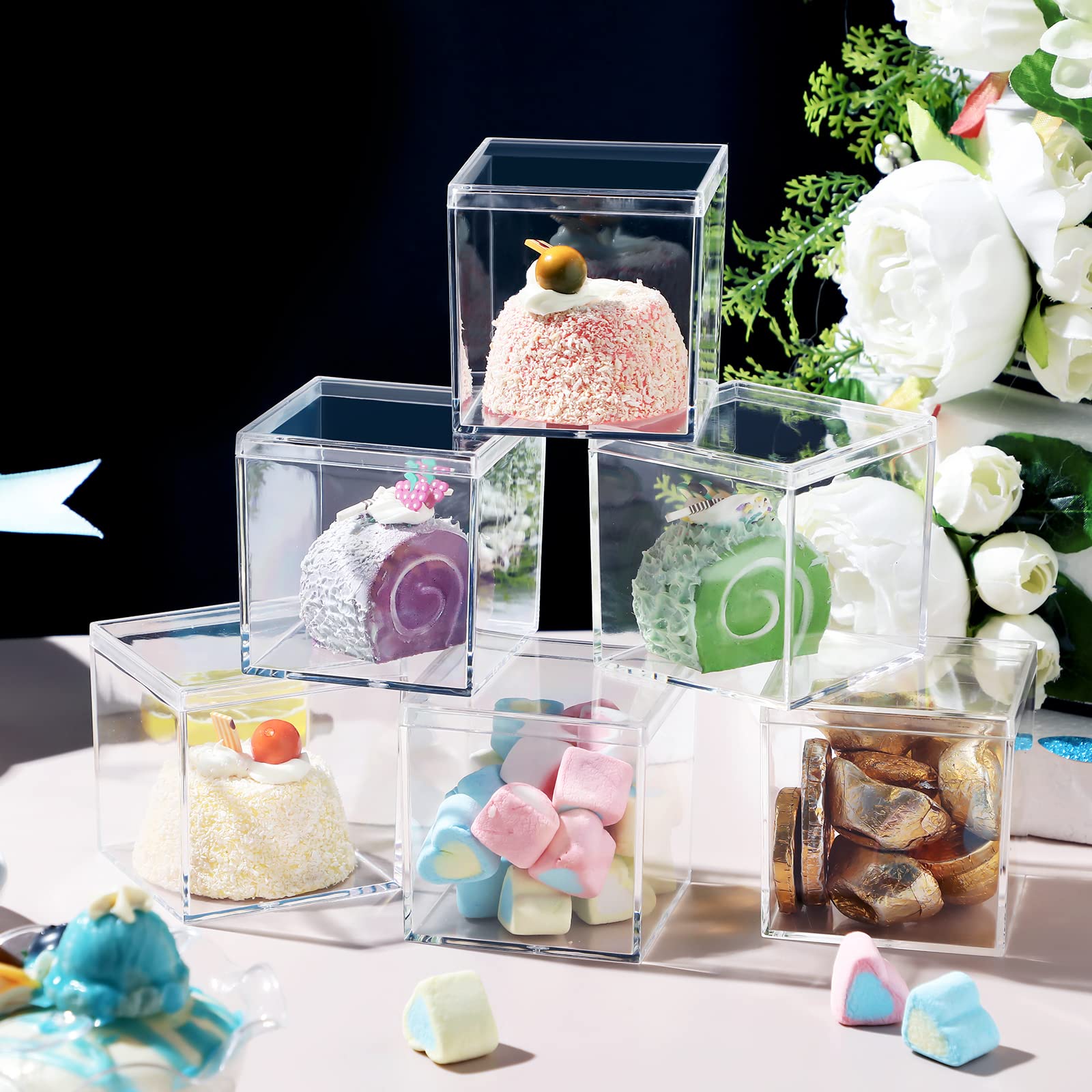 Yulejo Modern Transparent Acrylic Plastic Square Cube Storage Boxes with Lid, 2.56 x 2.56 x 2.56 Inch (26 Pieces)