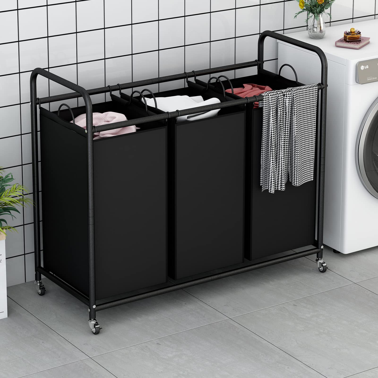 Linzinar 3-Bag Laundry Basket Hamper Laundry Sorter Cart Laundry Room Organization With Heavy Duty Rolling Lockable Wheels And R
