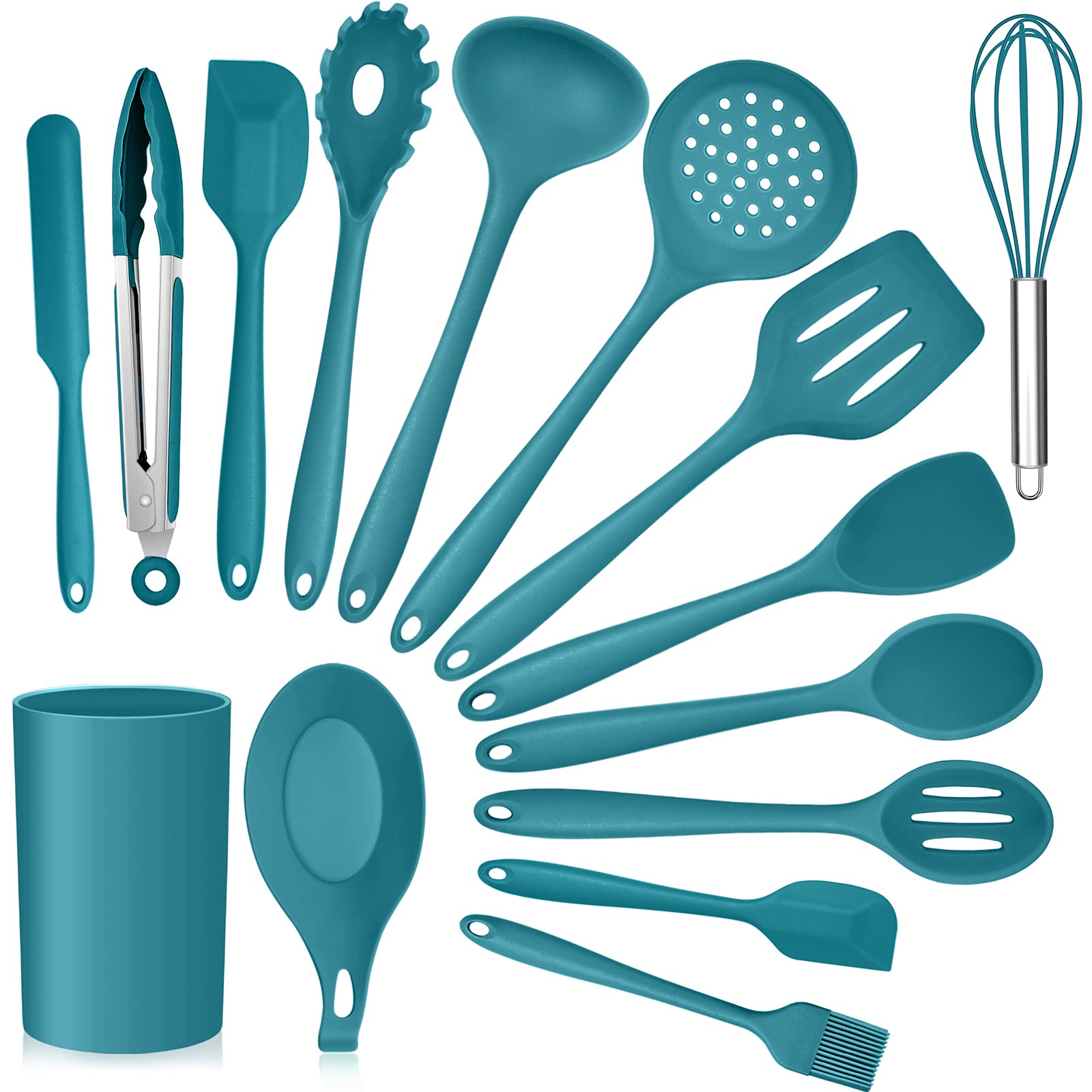 Teal Blue Kitchen Utensils Set, E-Far 15-Piece Silicone Cooking Utensils With Holder, Non-Stick Cookware Friendly & Heat Resista