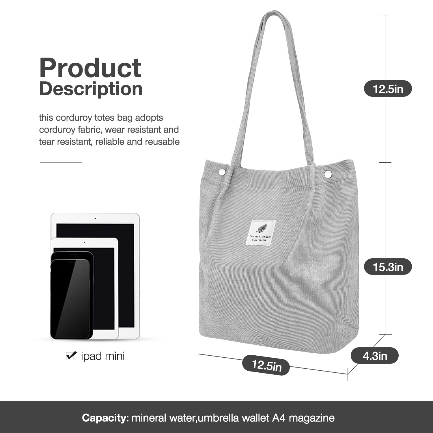 Lhmtqvk Tote Women Girls, Large Capacity Corduroy Reusable Grocery Shoulder Bag With Inner Pockets, Grey