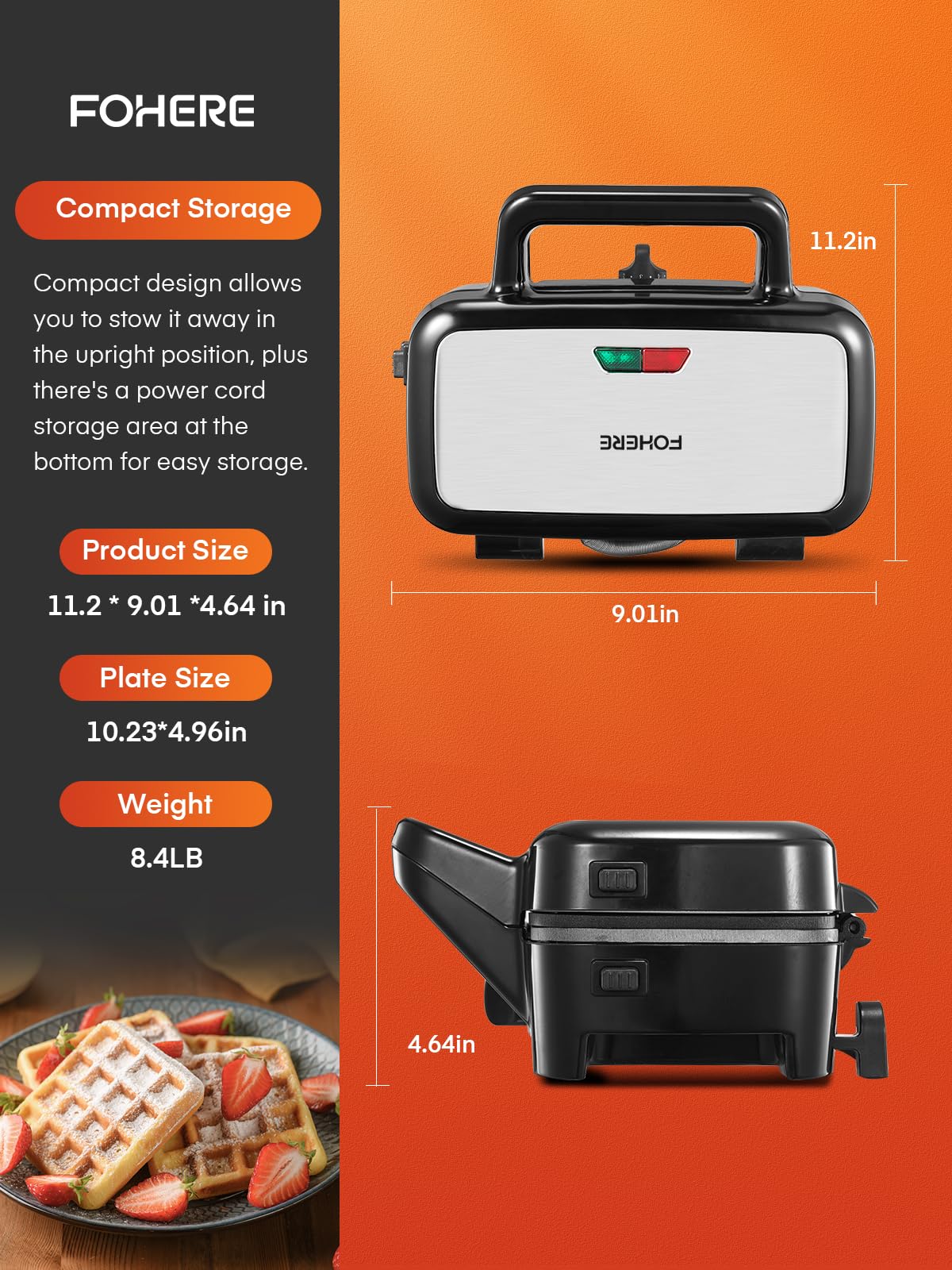 FOHERE 3-in-1 Waffle Maker & Sandwich Press, 1200W, Non-stick, Removable Plates, Silver/Black, Model AN-780