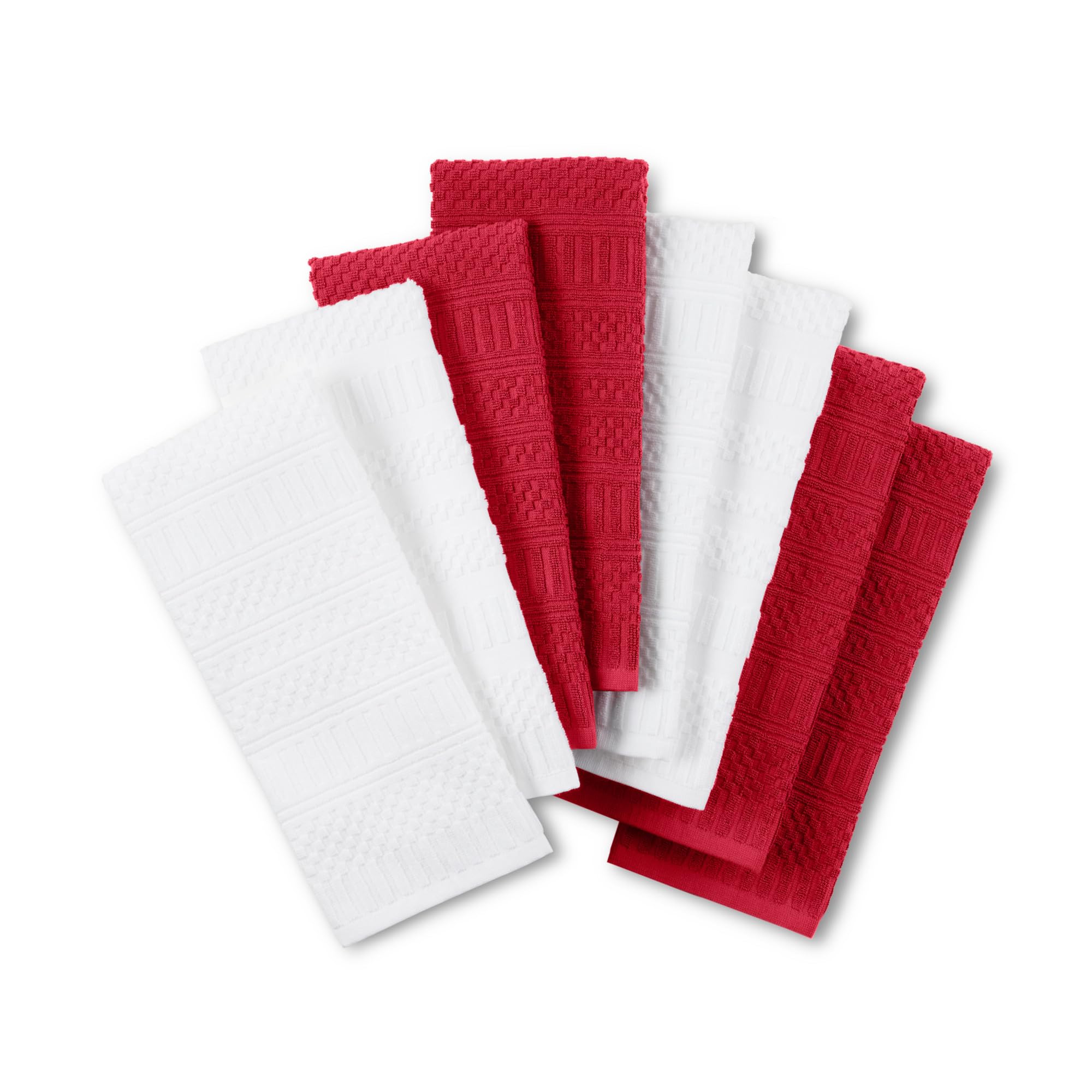KitchenAid Cotton Classics Textured Solid Kitchen Towels 8-Pack, Absorbent 100% Cotton, Passion Red/White, 17   x28   