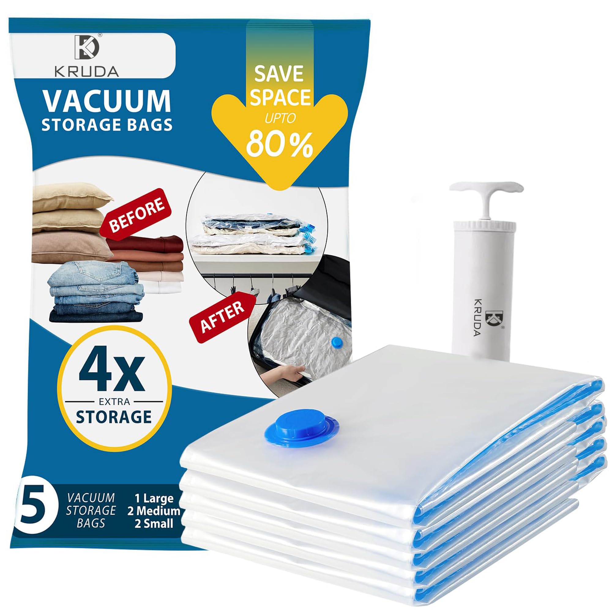 Kruda Vacuum Storage Bags For Clothes With Hand Pump  5Pack Space Saver Bags For Travel & Home  SelfCompression Organizer Fo