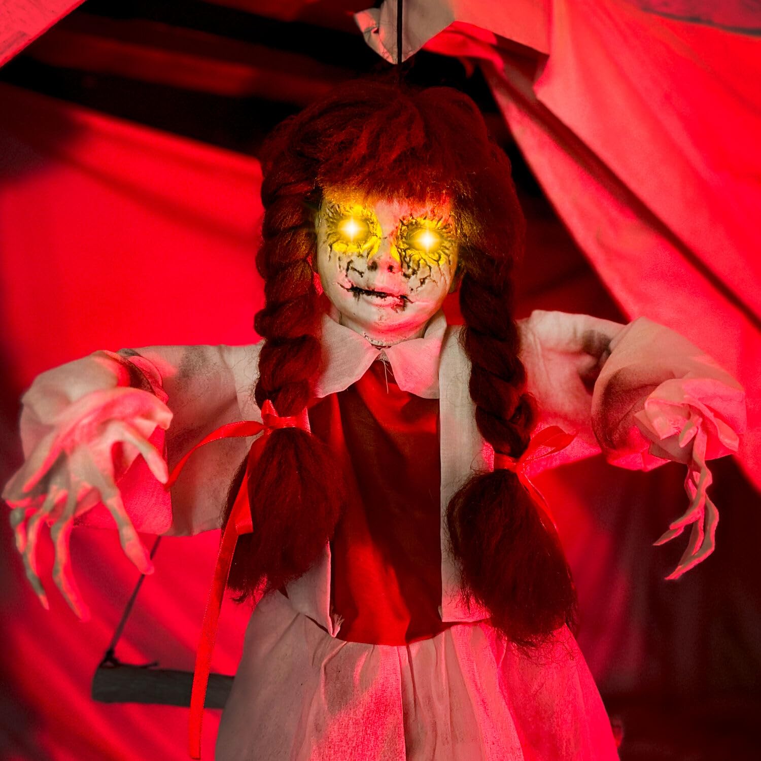 Haunted Hill Farm Animatronic Scary Talking Haunted Doll on Swing with Touch Activated Lights and Sound, Battery-Operated Indoor