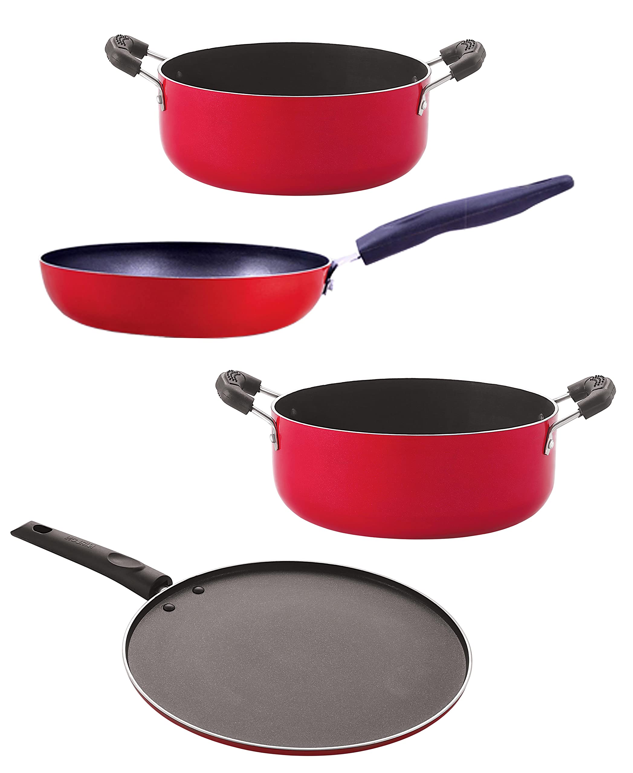 Nirlon Kitchen Accessories For Home Cooking Non Stick Pots And Pan Set Of 4Pieces (Cvg_Cs20_St12_Cs24)(Red_ Nonstick)