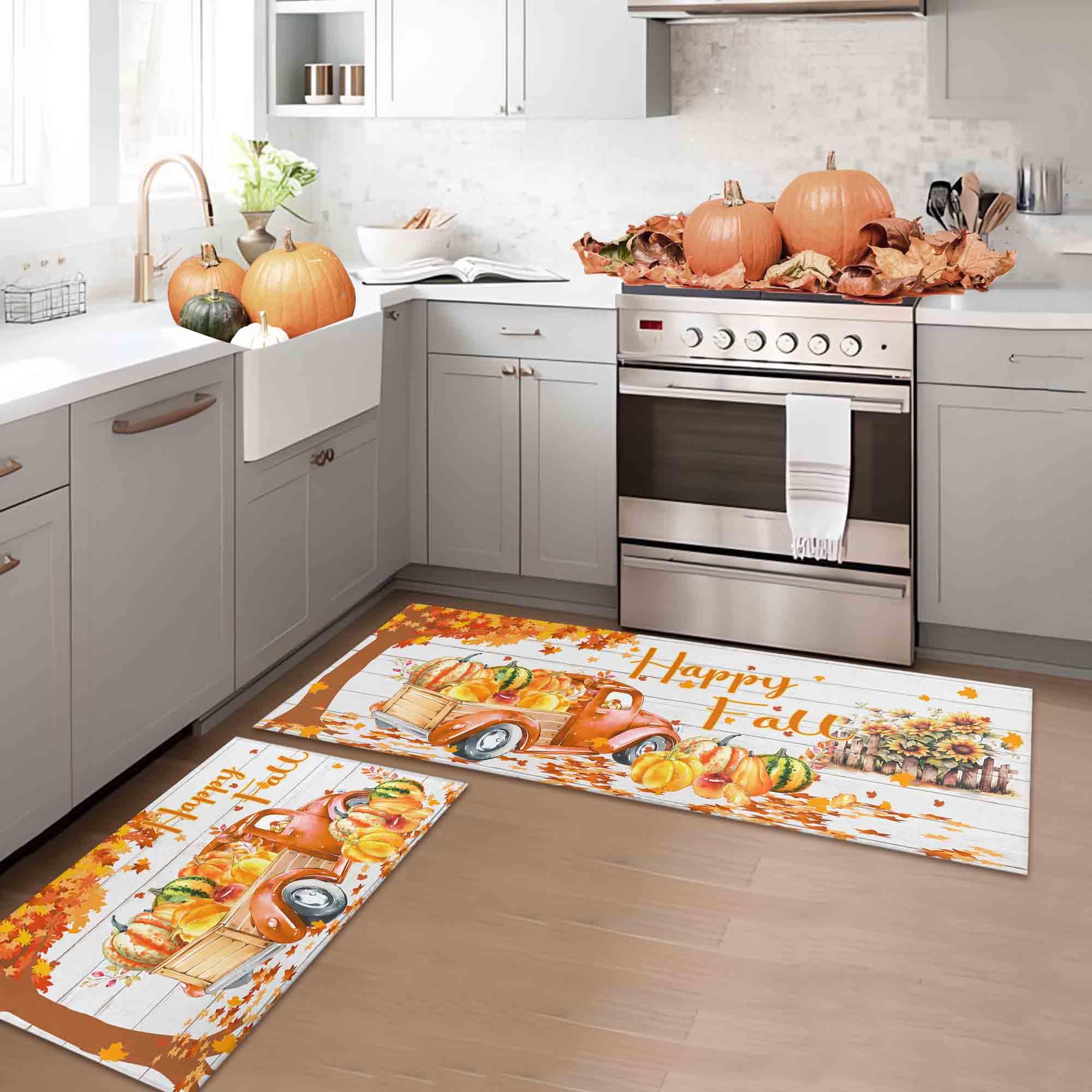 Noulmea Happy Fall Pumpkin Decorative Kitchen Rugs Set of 2, Home Seasonal Fall Holiday Party Autumn Harvest Thanksgiving Kitche