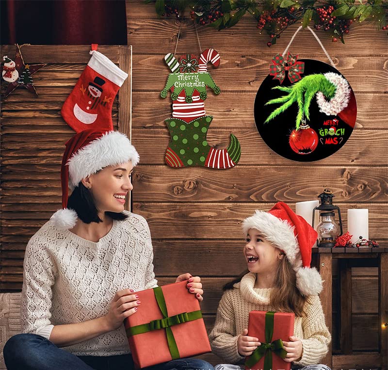 Xmas Decorations - Merry Christmas Wall Decor - Wooden Door Hanging Wreath with Bow for Indoor Party Supplies