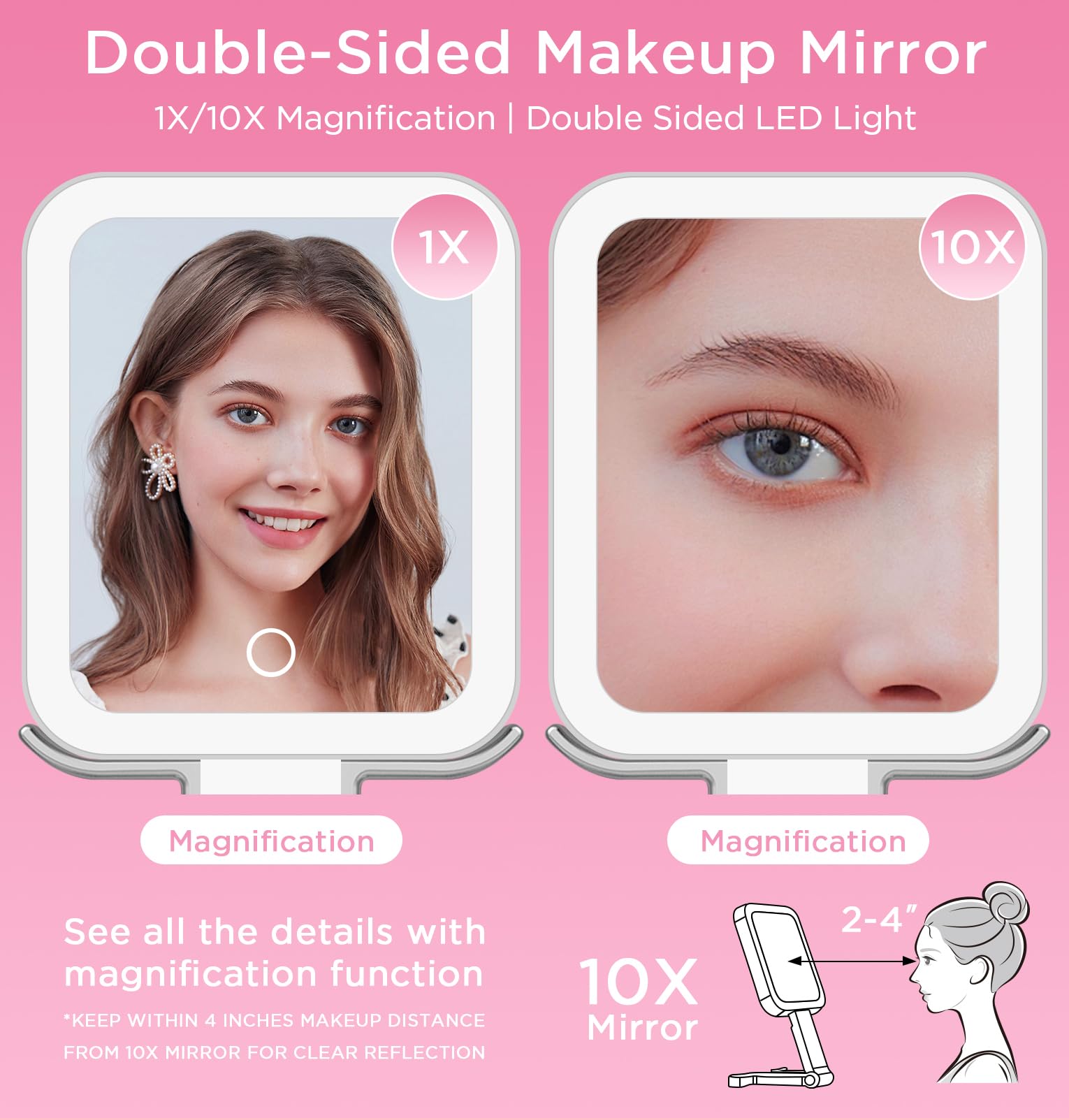 EAONE Vanity Makeup Mirror with Lights, Magnifying Mirror 10X/1X Double Sided with 3 Color Lighting & Dimmable Touch Screen, Com