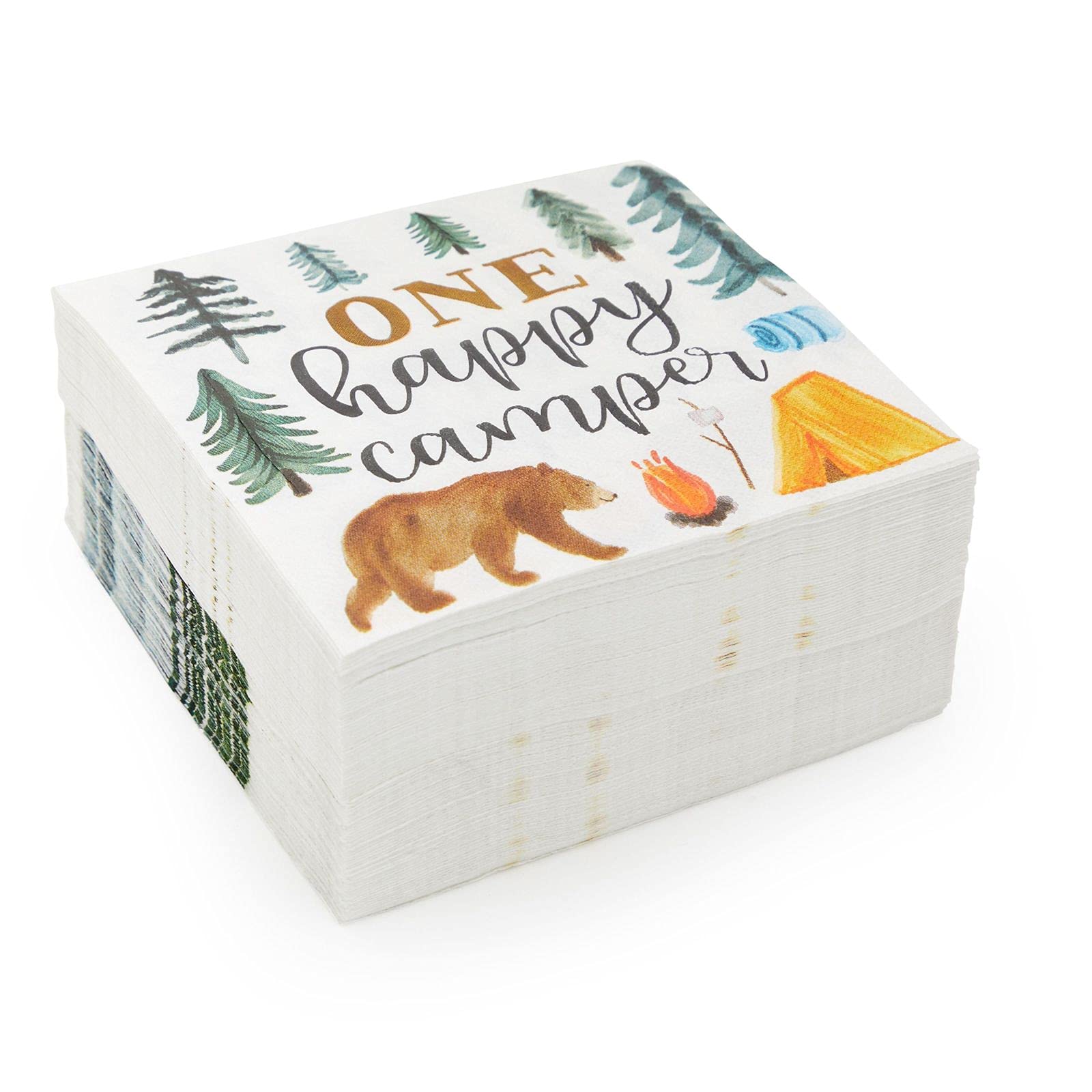 Blue Panda Camping Napkins For 1St Birthday Party Supplies, One Happy Camper (6.5 In, 100 Pack)