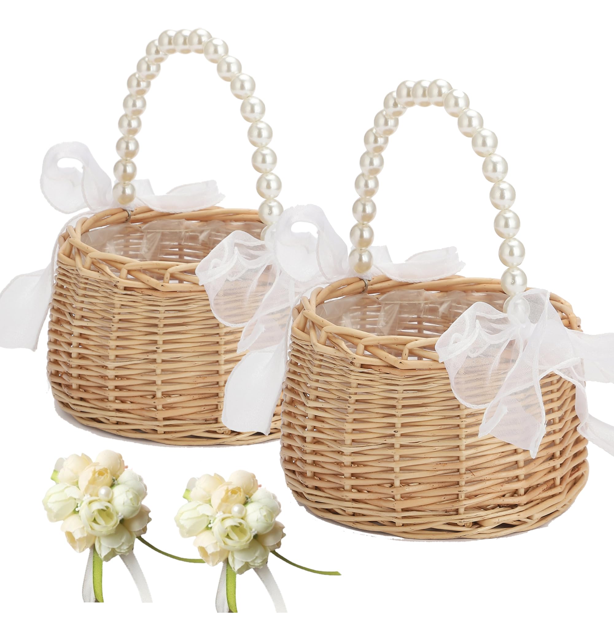 2PCS Wicker Rattan Flower Girl Basket with 2PCS Wedding Wrist Corsage, Handwoven Wicker Basket with Pearl Handle Bow Fairy Flowe