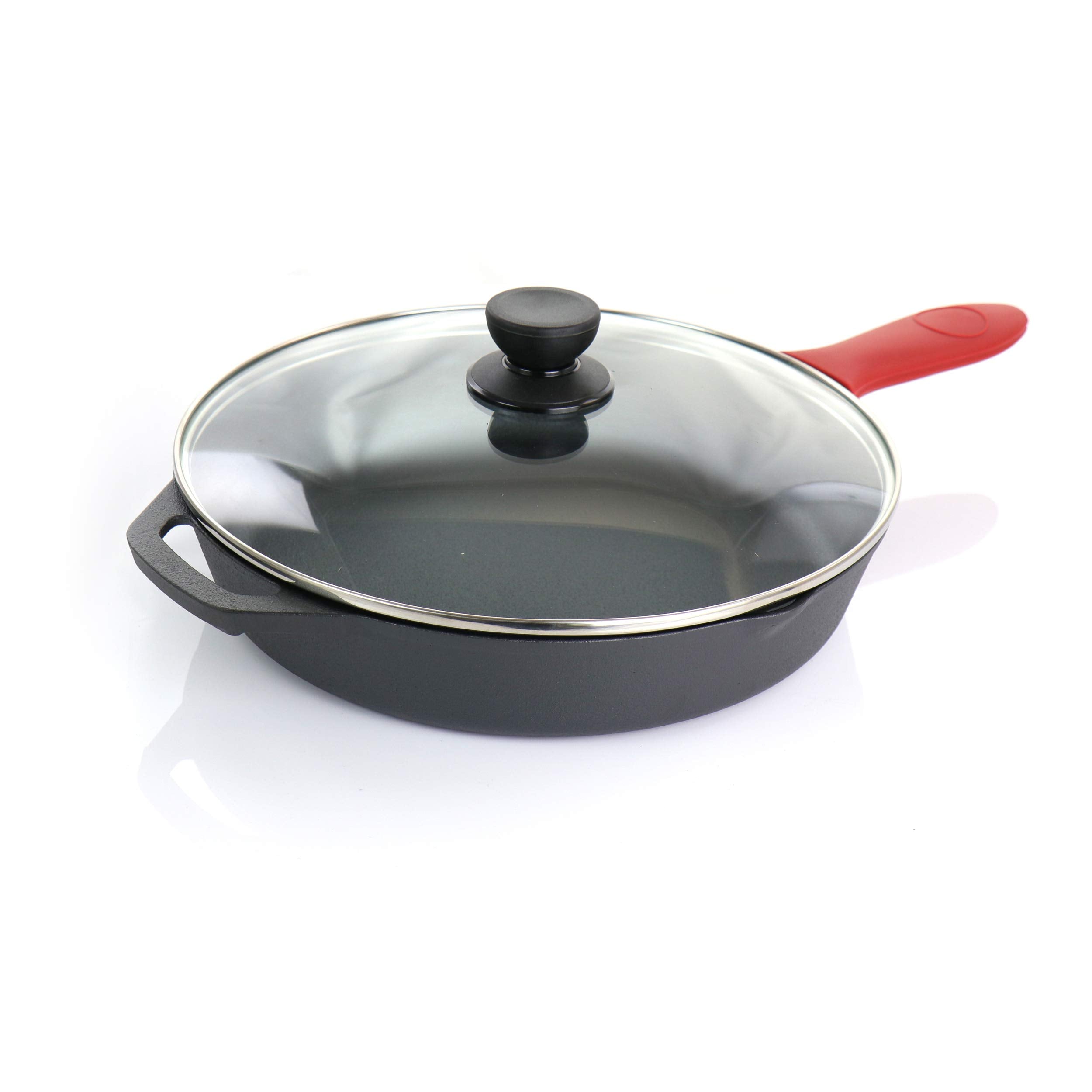 MegaChef Skillets with Lids Cast Iron Cookware Set, 9 Piece, Black, Red