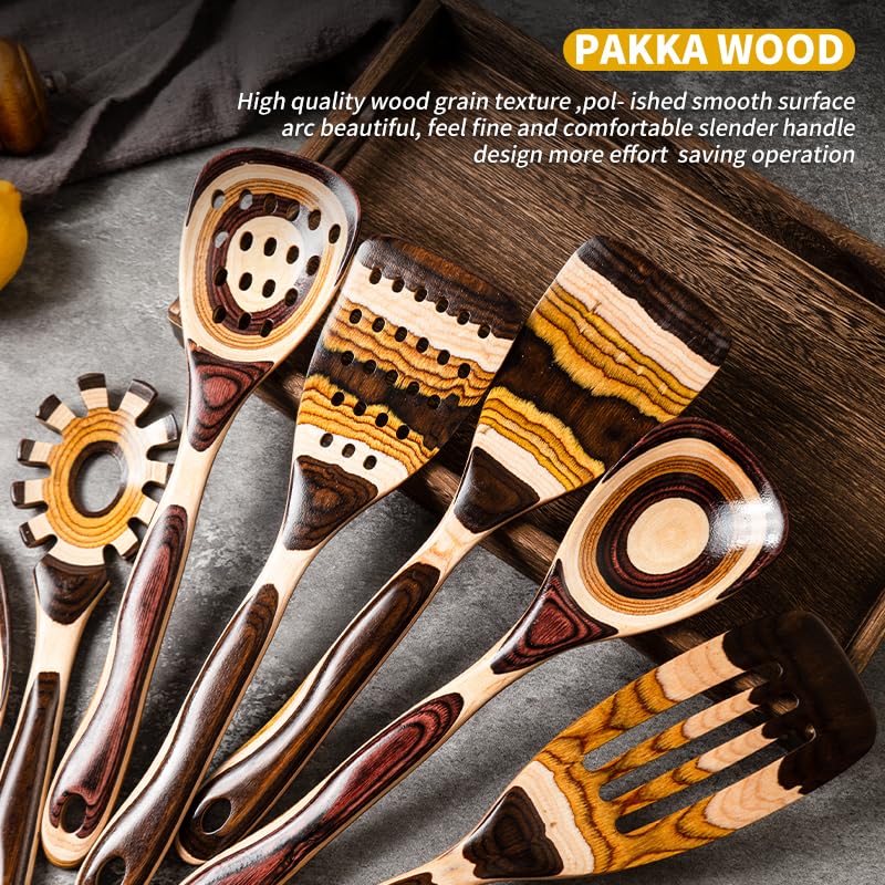 Gudamaye 7-Piece Brown Pakkawood Utensils Set - Sturdy, Eco-Friendly, Wooden Spoons For Cooking, Wooden Utensil For Cooking, Woo