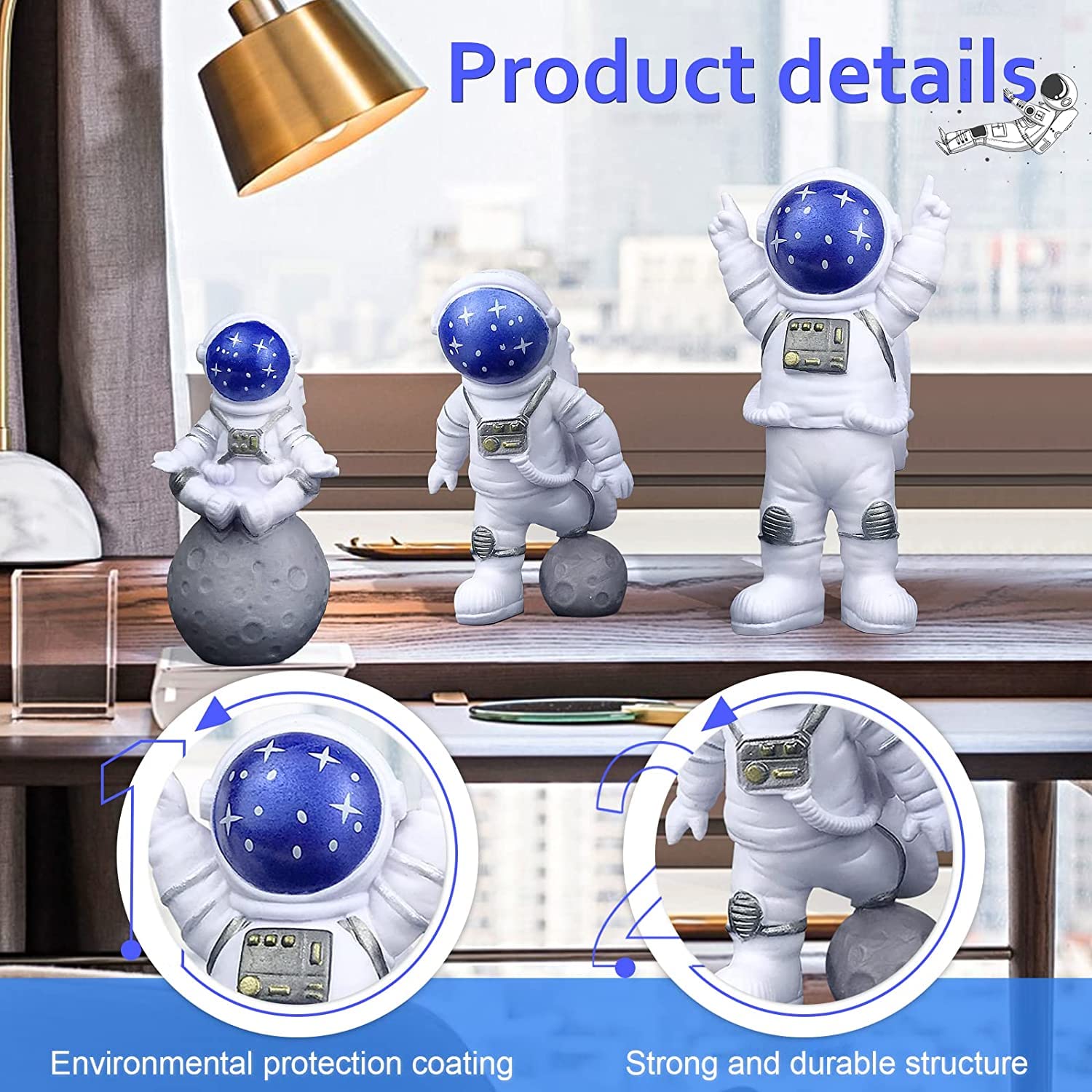 Street27 Resin Astronaut Spaceman Statue Ornament Home Office Desktop Figurine Decors Set Of 3 - Golden (Bluestar)
