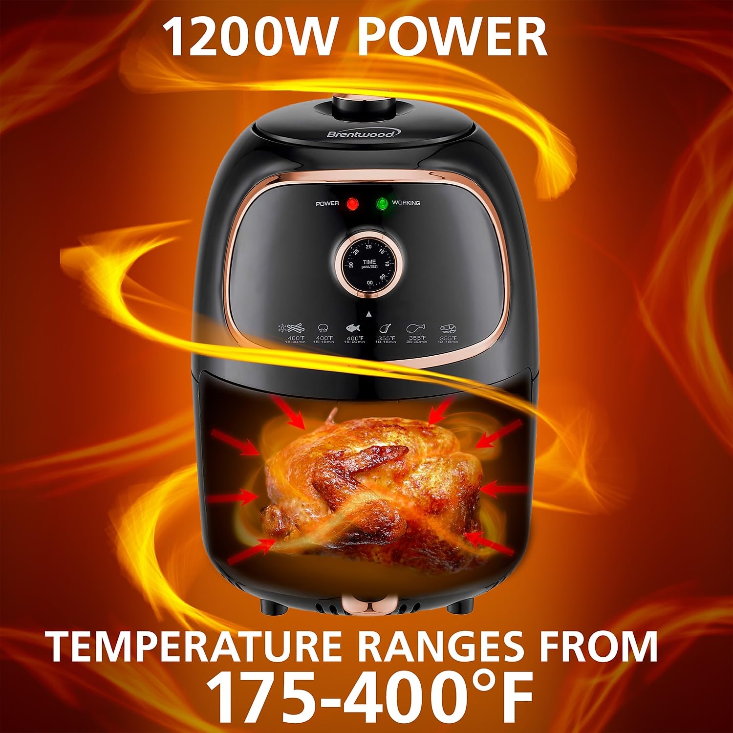 Brentwood Appliances Af-202Bkc 2-Quart 1,200-Watt Electric Air Fryer With Timer And Temperature Control (Black/Copper), Normal