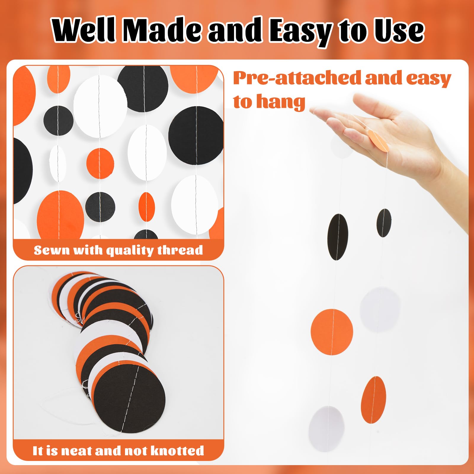 Gcqq Black Orange White Garland, 52Ft Halloween Garlands, Paper Circle Dot Garland Streamers, Polka Dot Garlands For Halloween P