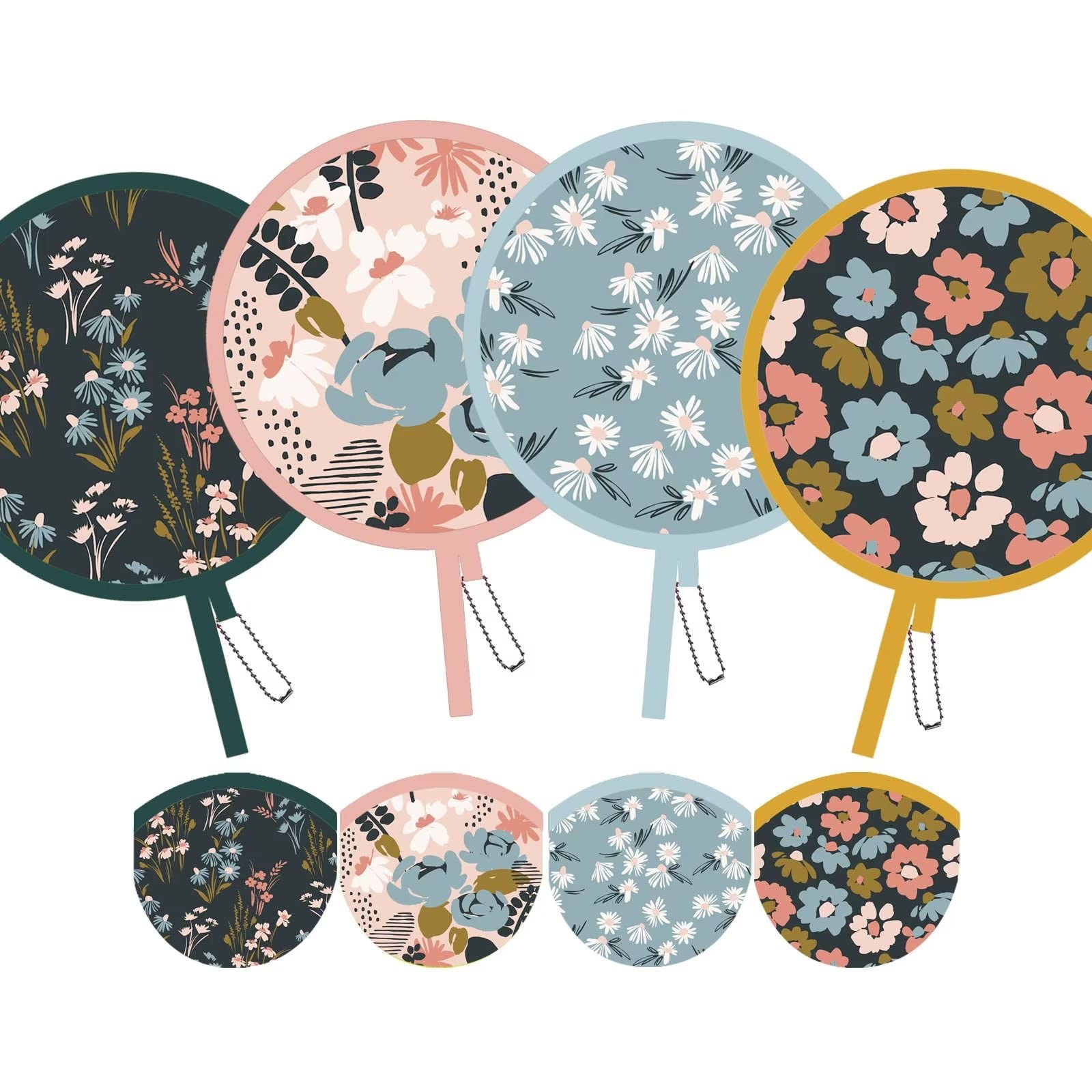 SUJJY 4 PCS 4 Styles Foldable Cooling Fans, Handheld Colorful Floral Round Fans for Travel, Events, Indoor & Outdoor (Nile Blue)