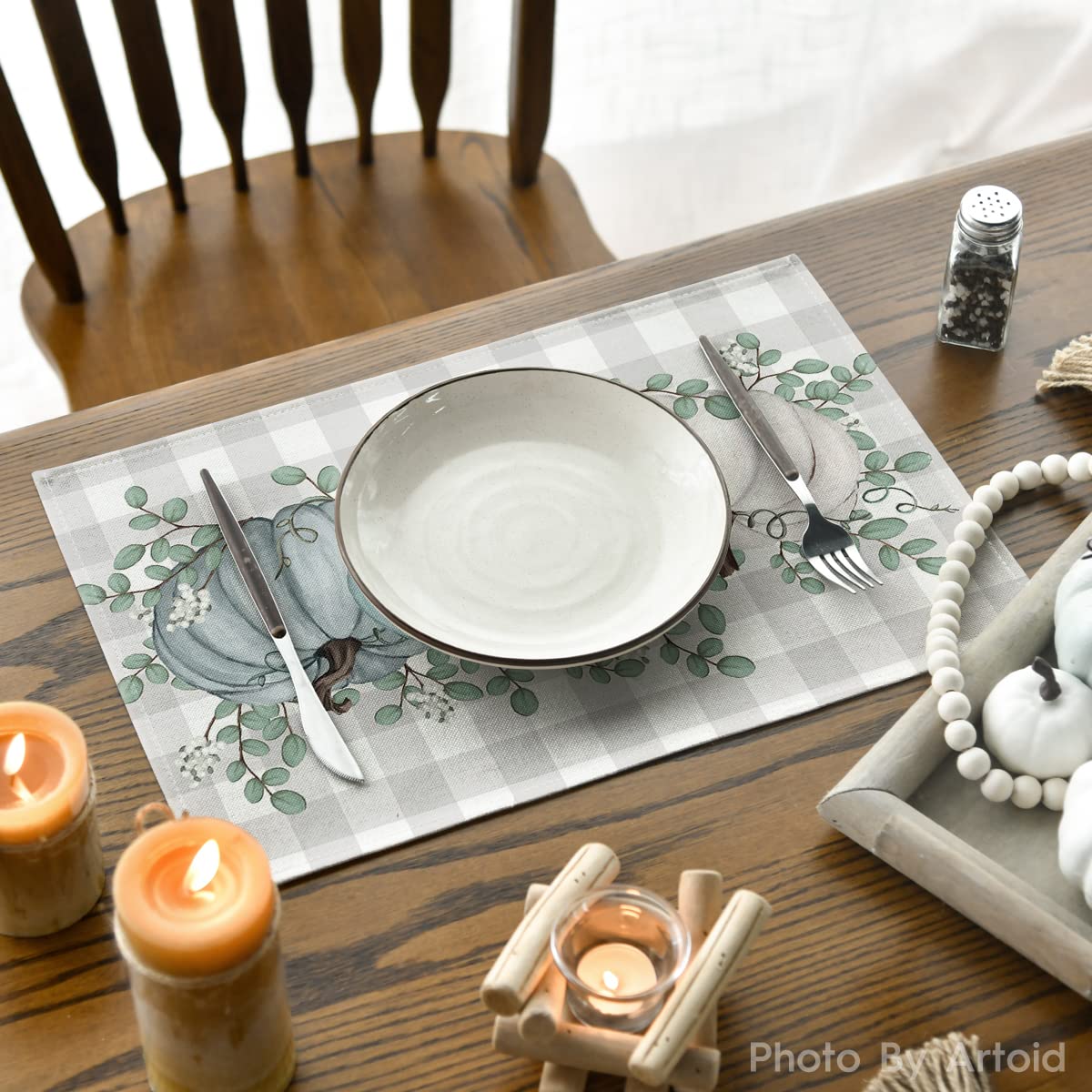 Artoid Mode Pumpkins Eucalyptus Leaves Fall Placemats Set Of 4, 12X18 Inch Autumn Thanksgiving Harvest Vintage Table Mat For Par