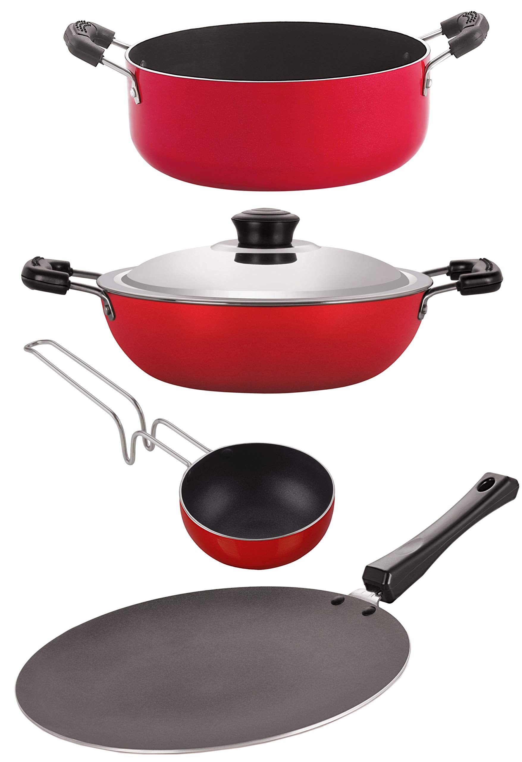 Nirlon Nonstick Aluminium Cookware 4 Pieces Set, Red (Ct12_Dkd(B)_Vg_Cs24)