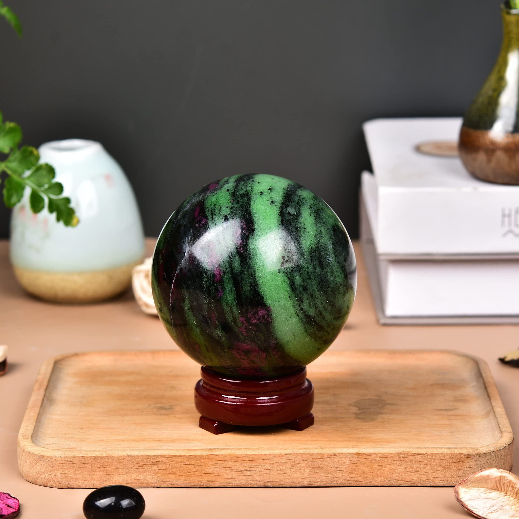 JIC Gem Natural Ruby Zoisite Quartz Crystal Sphere Balls with Wood Stand Red&Green Treasure Gemstone Decorative Orbs Reiki Energ