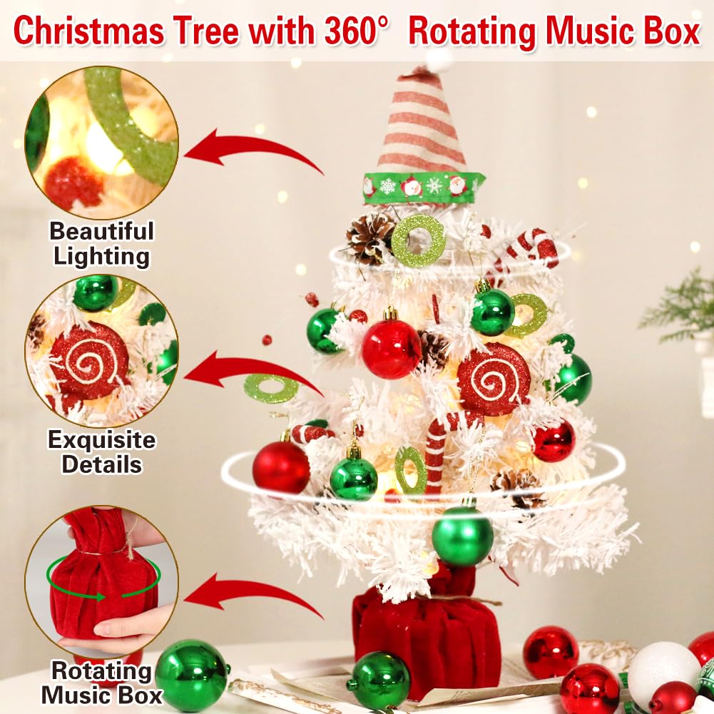 Mini White Christmas Tree, Small Flocked Christmas Tree with Lights and Music Tabletop Artificial Pre-lit Xmas Tree Christmas De