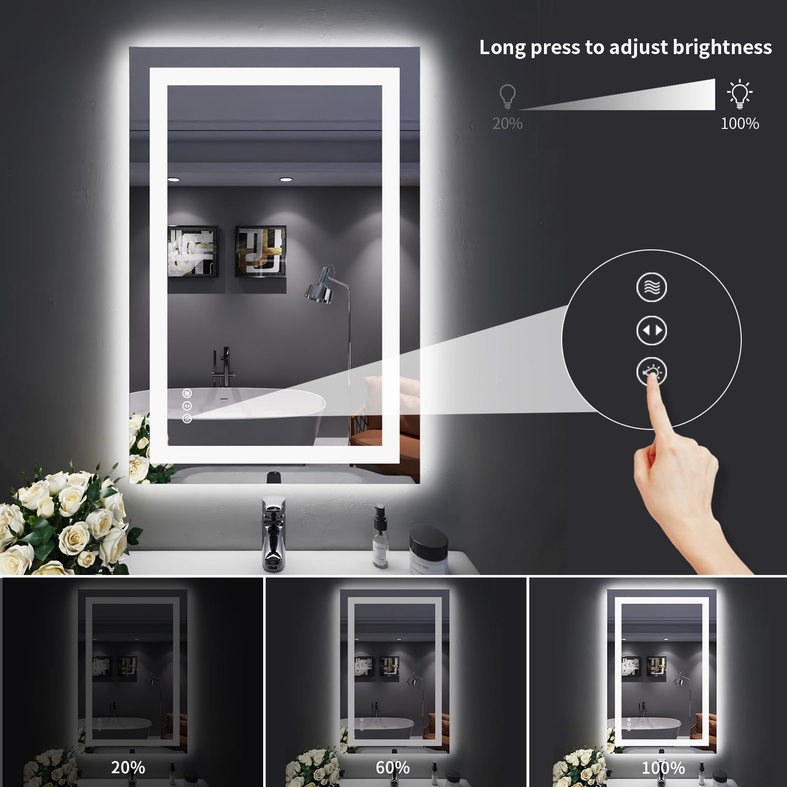 Loaao 24''X36'' Led Bathroom Mirror With Lights, Anti-Fog, Dimmable, Backlit + Front Lit, Lighted Bathroom Vanity Mirror For Wal