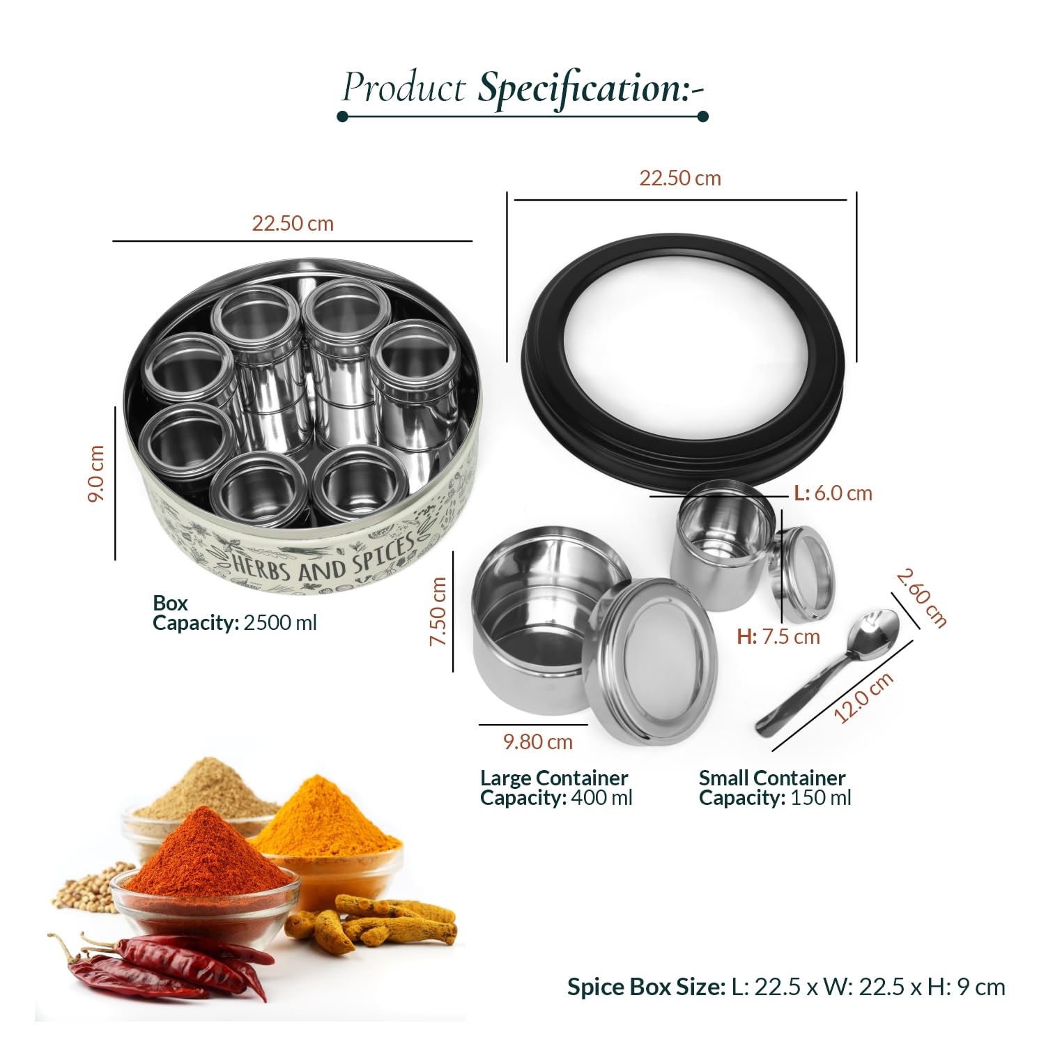 dudki 9 in 1 Herbs & Spice | Stainless Steel Handcrafted Spice Box With Meena Work | Masala Box for Kitchen Steel| See through l