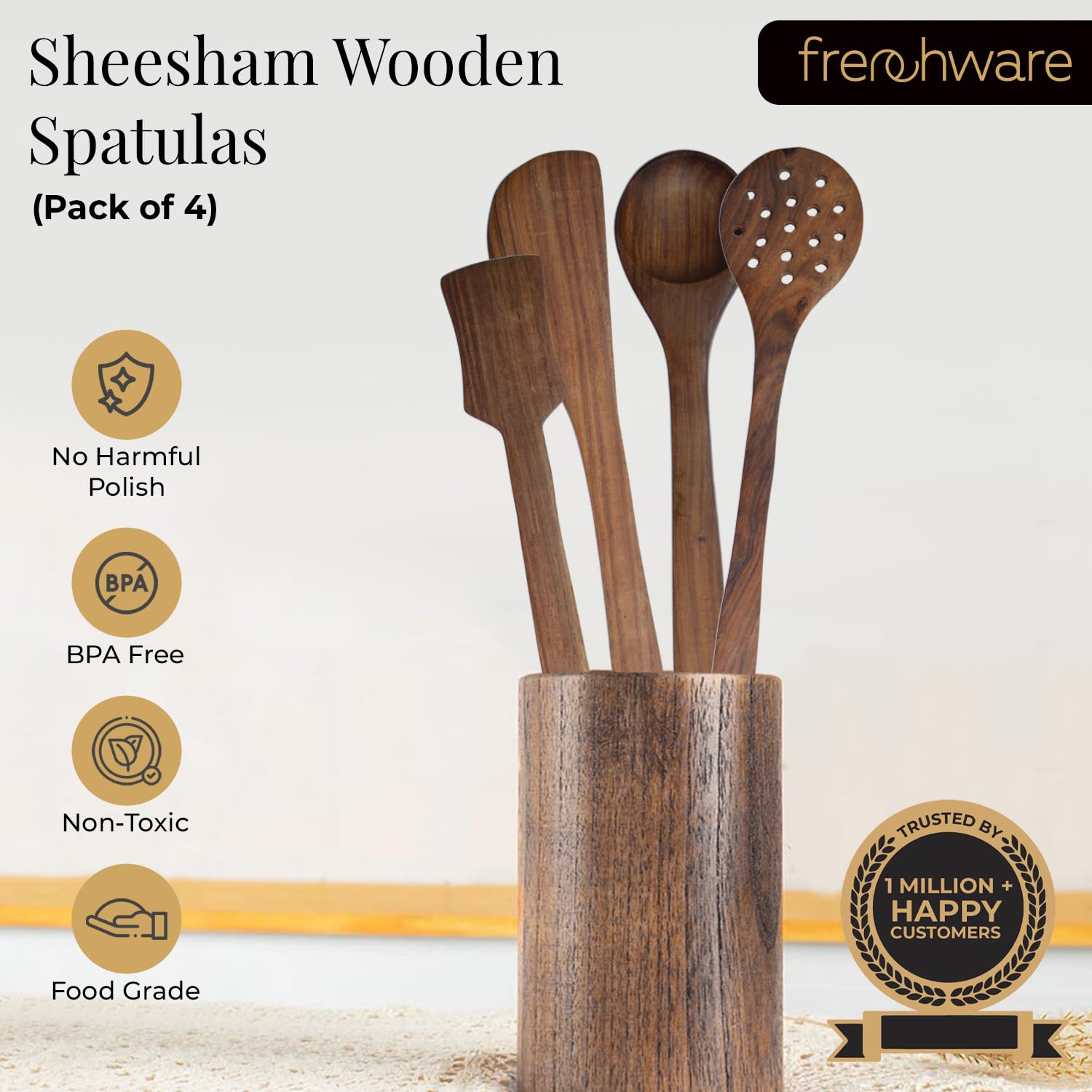 Frenchware (Set Of 4, Brown) Pure Sheesham Wood Spoons And Spatula For Non Stick Cookware Used For Cooking, Baking & Mixing, Sea