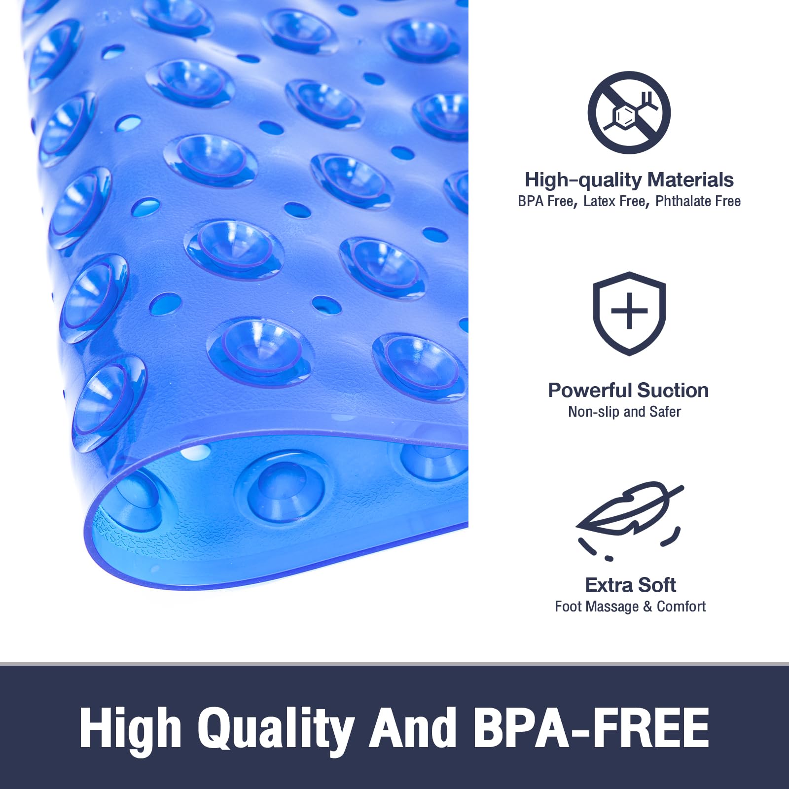 Naoloture Extra Long Bathtub Mat Non Slip, Clear Navy Blue Soft Bath Mat For Tub 40 X 16 Inch Full Size, Long Shower Mats For Ba