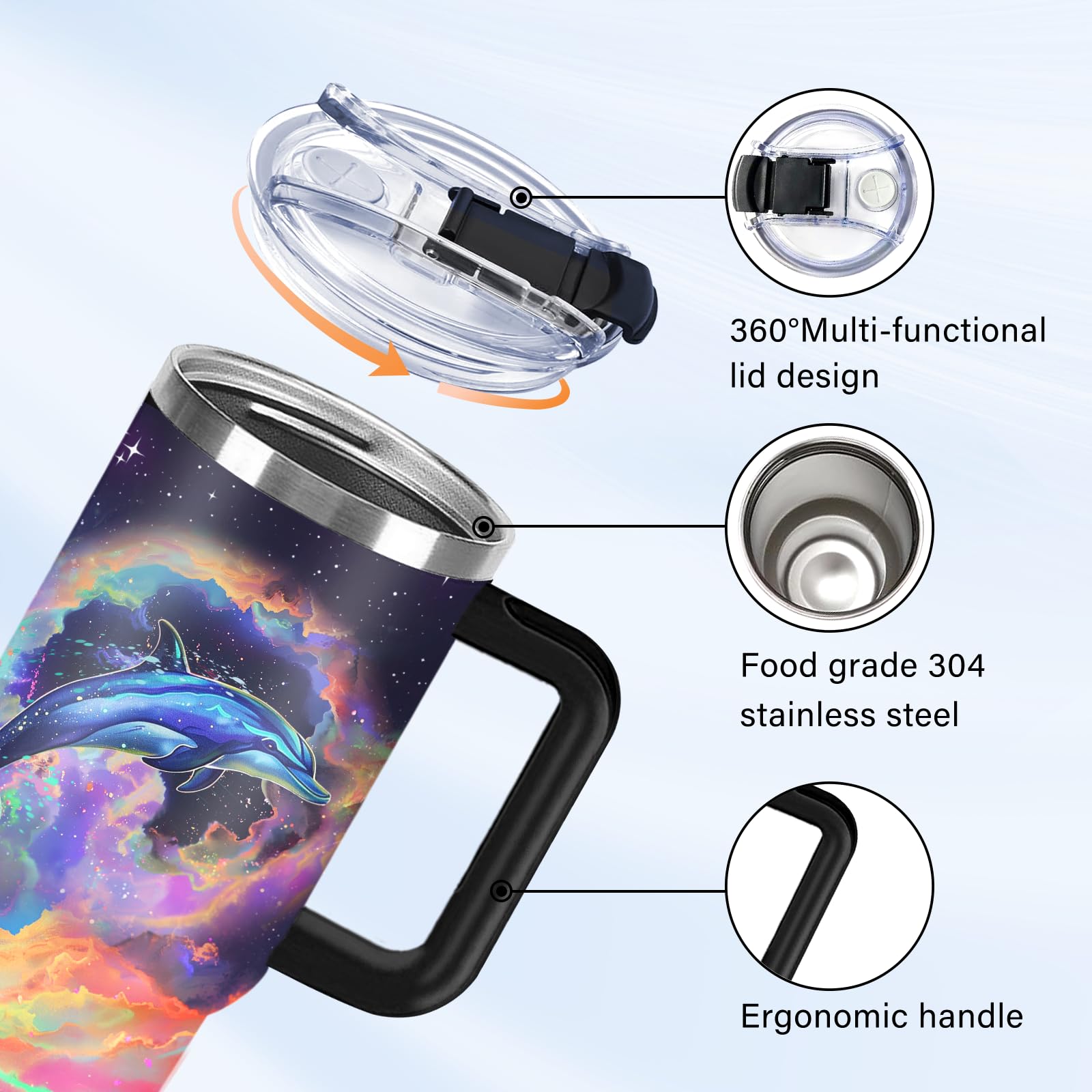 HYMONA Dolphin Tumbler 40 OZ Ocean Themed Vacuum Insulated Travel Mug, Blue Ocean Dolphin Gift Coffee Cup for Marine Lovers Chri