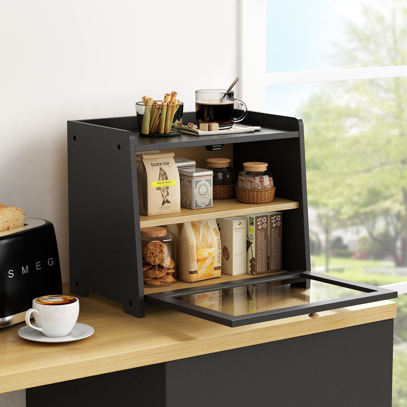 Goozii Black Bread Box For Kitchen Countertop, Large Bread Storage Container For Homemade Bread, Wood Farmhouse Breadbox Organiz