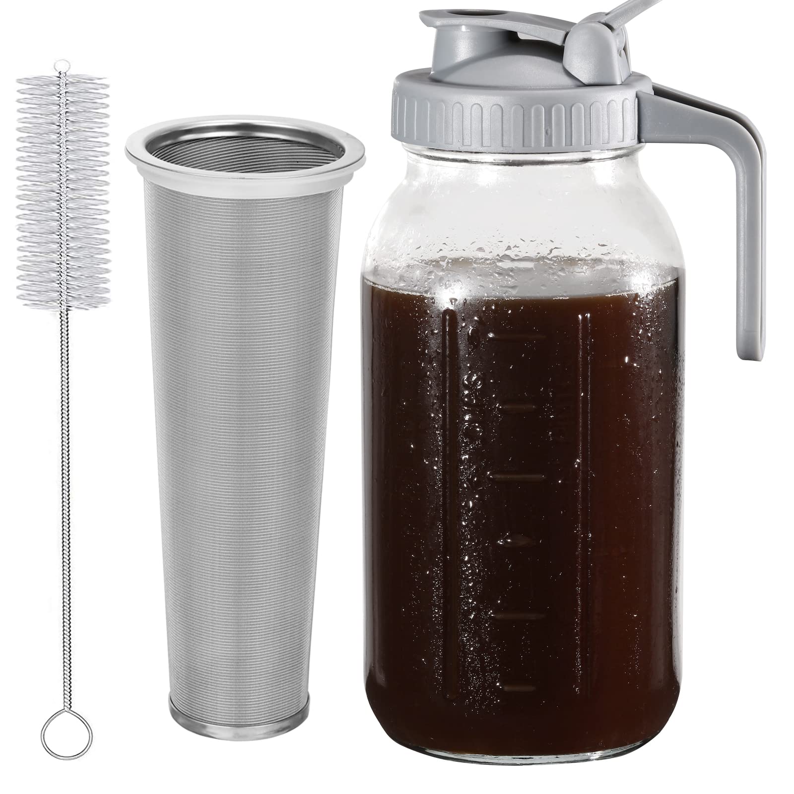Cold Brew Coffee Maker Pitcher, 64 Oz Heavy Duty Wide Mouth Glass Mason Jar Pour Spout Lid With Stainless Steel Filter For Iced