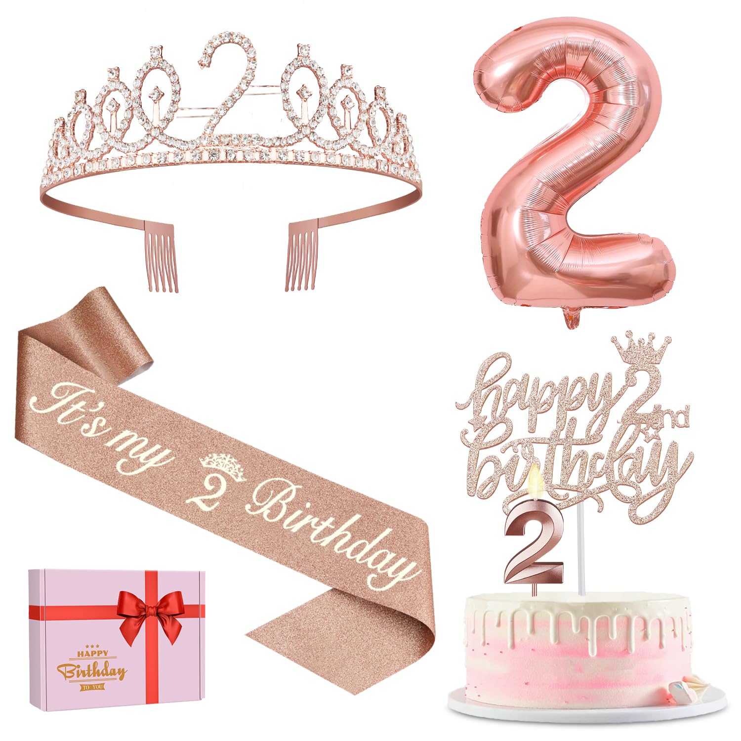 2Nd Birthday Decorations For Baby Girls, Including 2Nd Birthday Sash And Tiara, Cake Topper And Candle 2, Number 2 Birthday Ball