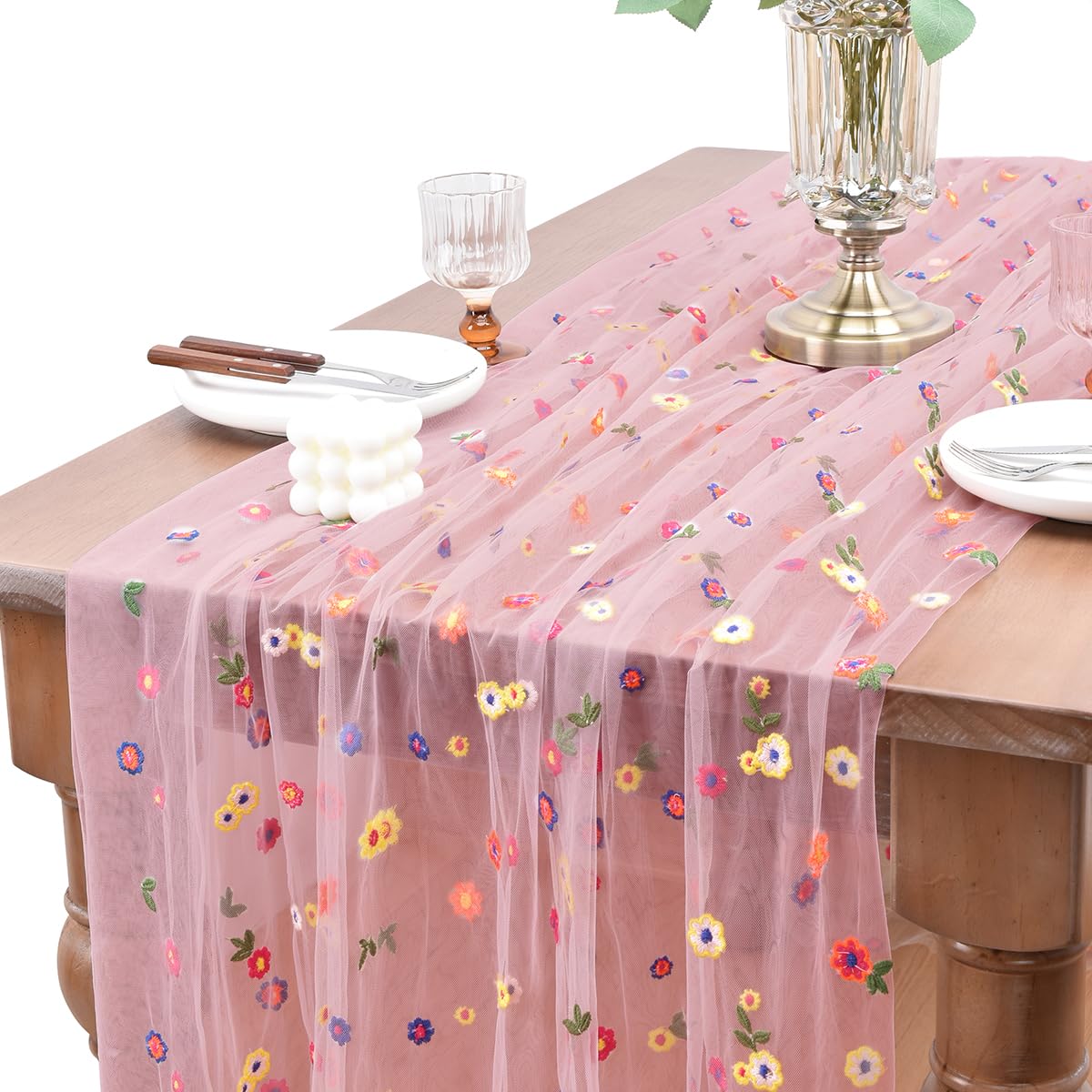 Joanlody 3pcs Blushing Pink Embroidery Daisy Fall Thanksgiving Table Runner Florals Seasonal Tulle Table Runner Holiday Kitchen 