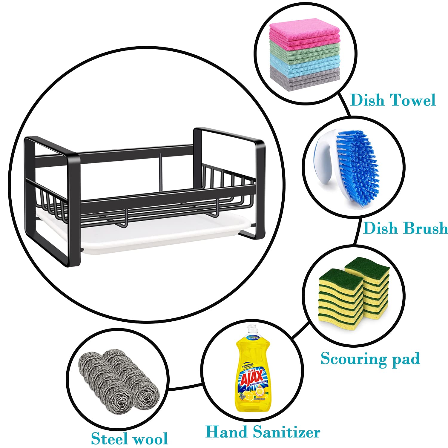 Vanten Kitchen Sink Caddy Sponge Holder Sink Organizer, Sink Tray Drainer Rack, Soap Dish Dispenser Brush Holder Storage Accesso