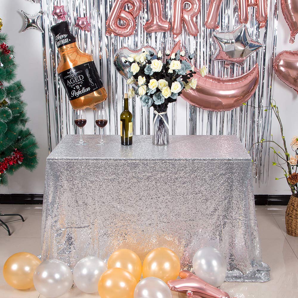 Jyflzq Silver Sequin Tablecloth 50 X 80 Rectangular Sparkly Drape Table Cloths Table Cover Overlay For Christmas Wedding Birthda