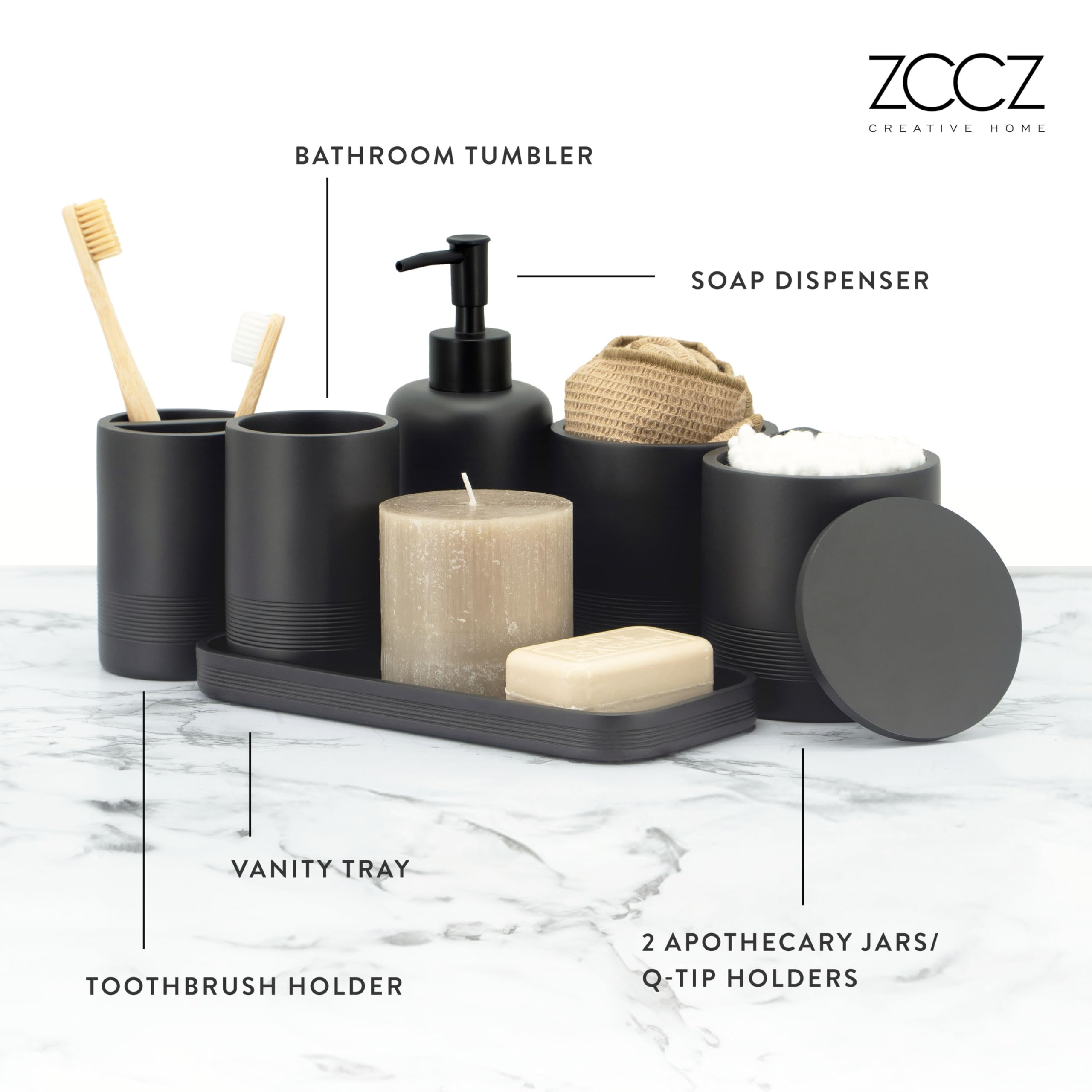 Zccz - Black Matte Bathroom Accessories Set 6 Pcs - Toothbrush Holder, Lotion Soap Dispenser, 2 Qtip Holder Dispenserr, Vanity T