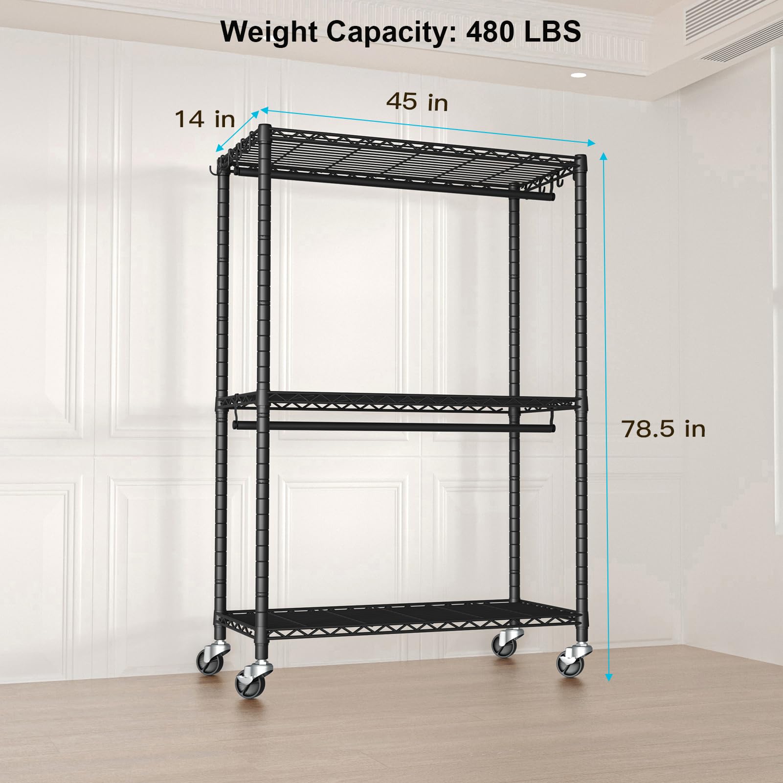 Futassi P3 Plus Rolling Clothes Rack, Clothing Racks For Hanging Clothes, Heavy Duty Garment Rack With Wheels, Freestanding Port