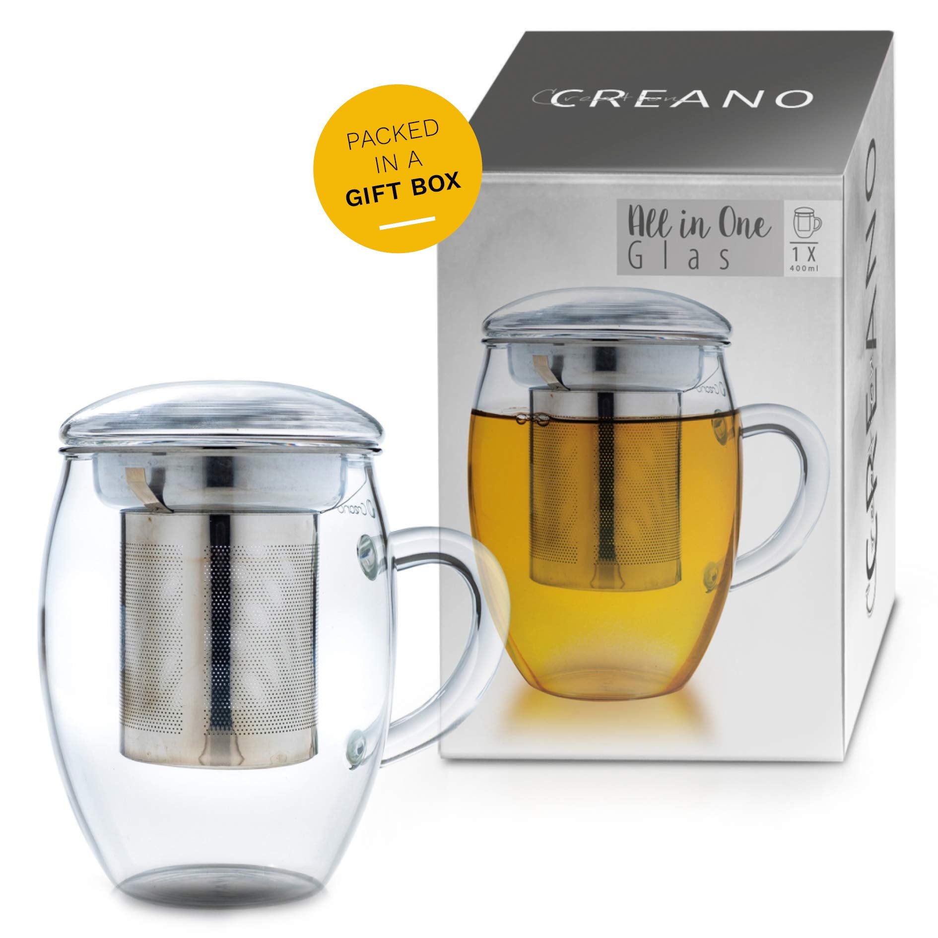 Creano Tea Glass With Stainless Steel Infuser And Glass Lid - 14Oz (400Ml)