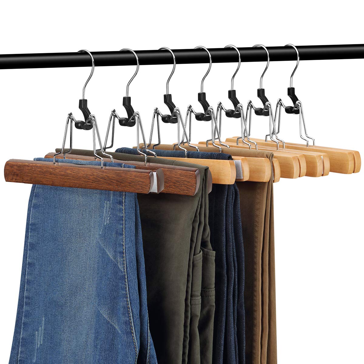 AMKUFO 12 Pack Wooden Pants Hangers with Clips Non Slip Skirt Hangers Walnut Trouser Clamp Hanger Solid Wood Hanger with 360? Swivel Hook