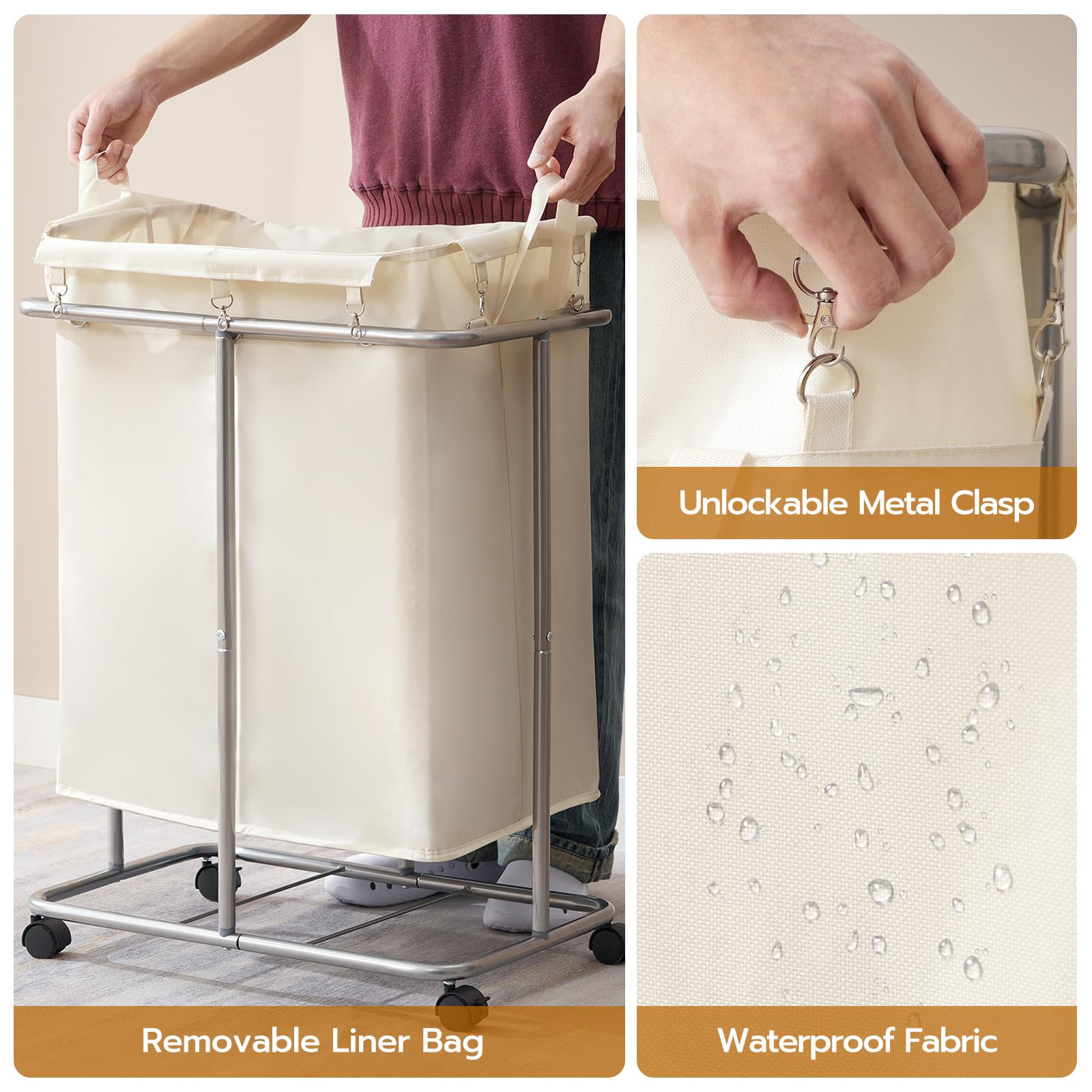 Hoobro Laundry Basket With Wheels, 45 Gallons (170L) Rolling Laundry Hamper, Narrow Slim Laundry Sorter With Removable Oxford Fa