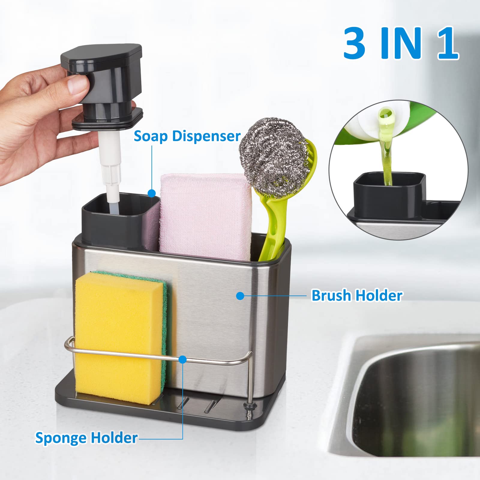 Redcall Soap Dispenser For Kitchen Sink, 3-In-1 Sponge Holder For Kitchen Sink Caddy, Stainless Steel Kitchen Sink Organizer Tra